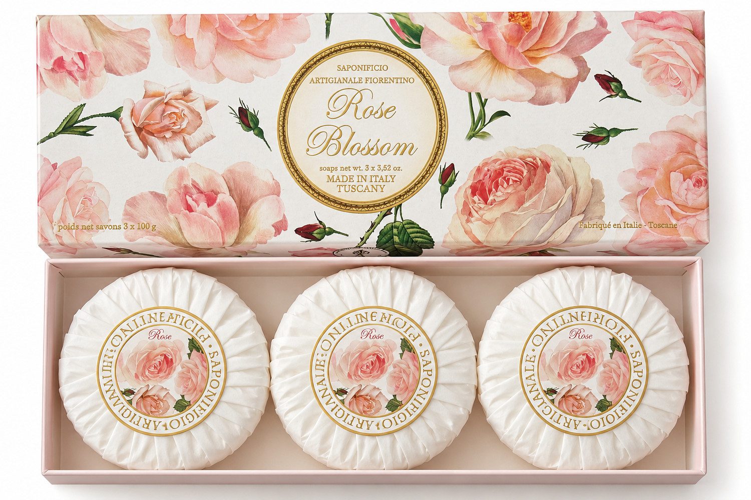 Saponificio Artigianale Fiorentino Handseife Rose, Duftseifen aus der Toskana im dekorativen Geschenkset