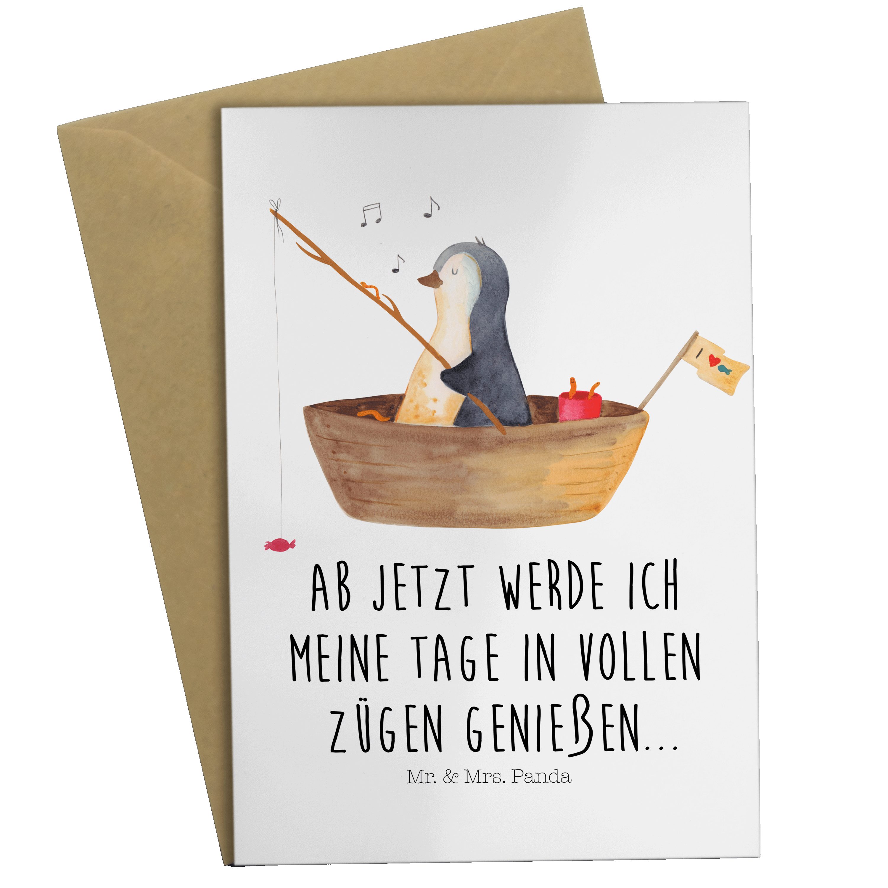 Mr. & Mrs. Panda Grußkarte Pinguin Angelboot - Weiß - Geschenk, Angeln, Karte, Glückwunschkarte