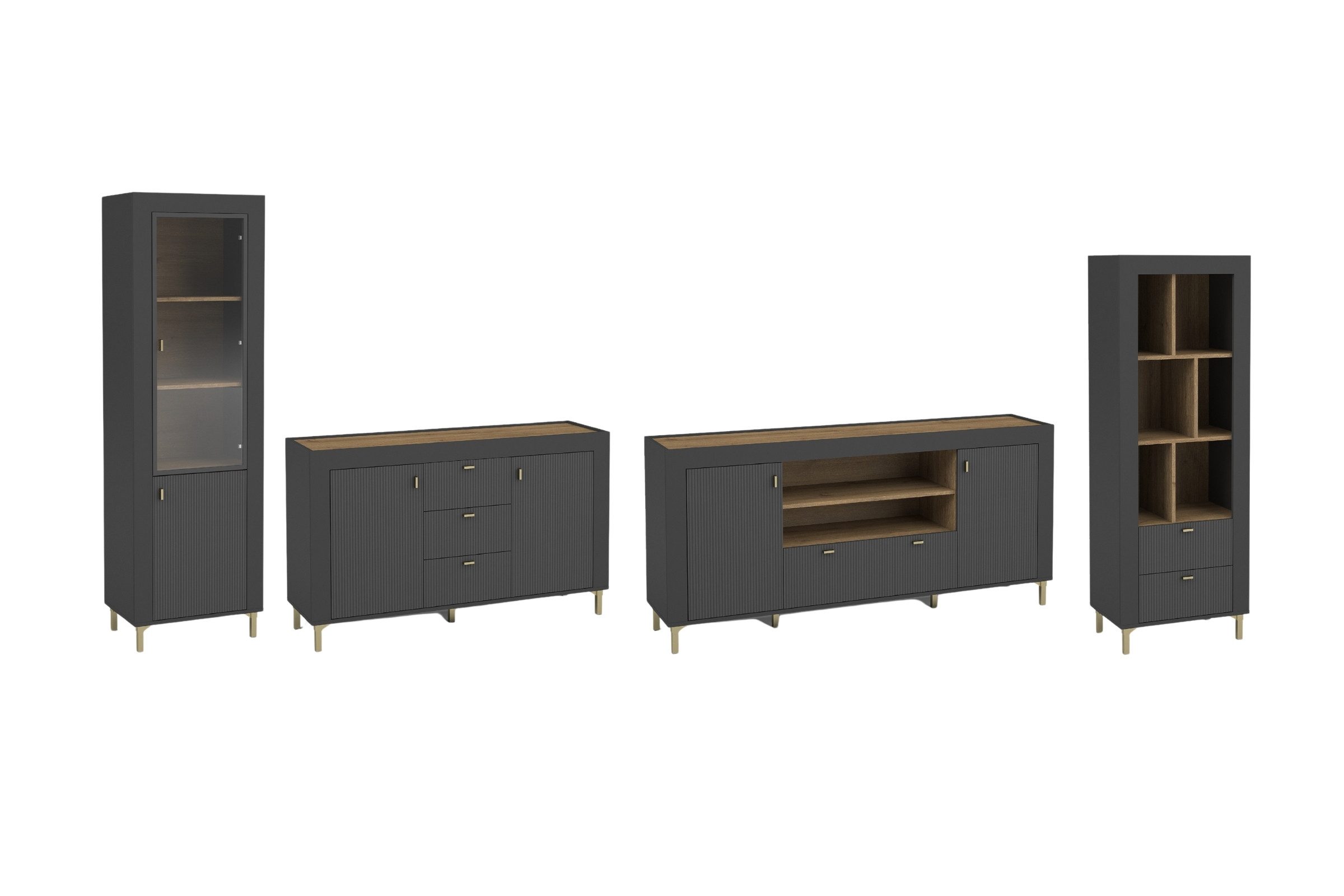 Deine Möbel 24 Wohnzimmer-Set MONI A mit Vitrine, Regal, 2 Kommoden, (Set, 4-St., MONI - Kollektion), optionale LED-Beleuchtung, in Weiß, Schwarz, Cashmere/Eiche Whisky