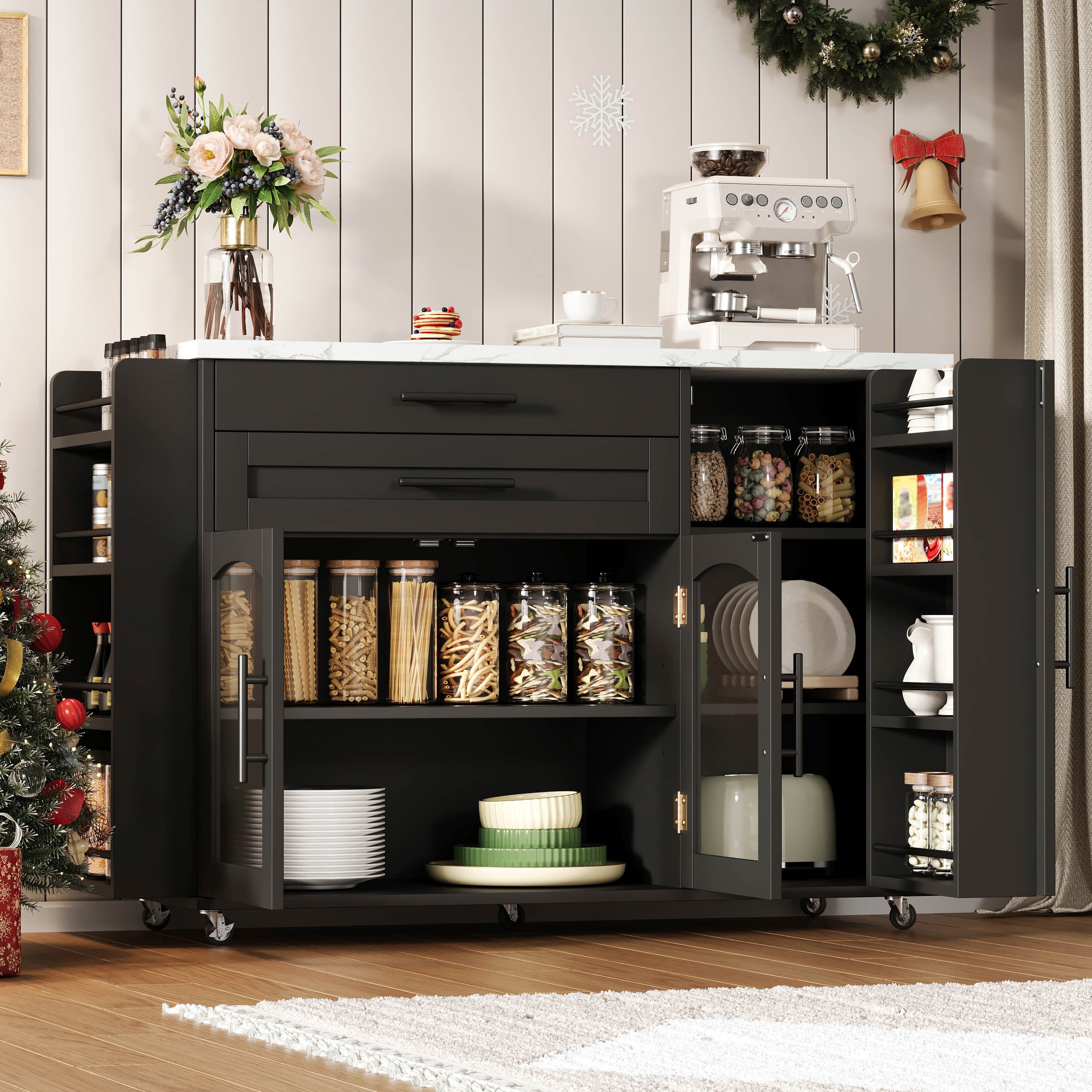 Ulife Kücheninsel 120 x 45 (70) x 90 cm, mit klappbarem Arbeitsbereich, Küchenwagen, Schwarz, mehreren Aufbewahrungslösungen, Gewürzregal, Besteckschublade