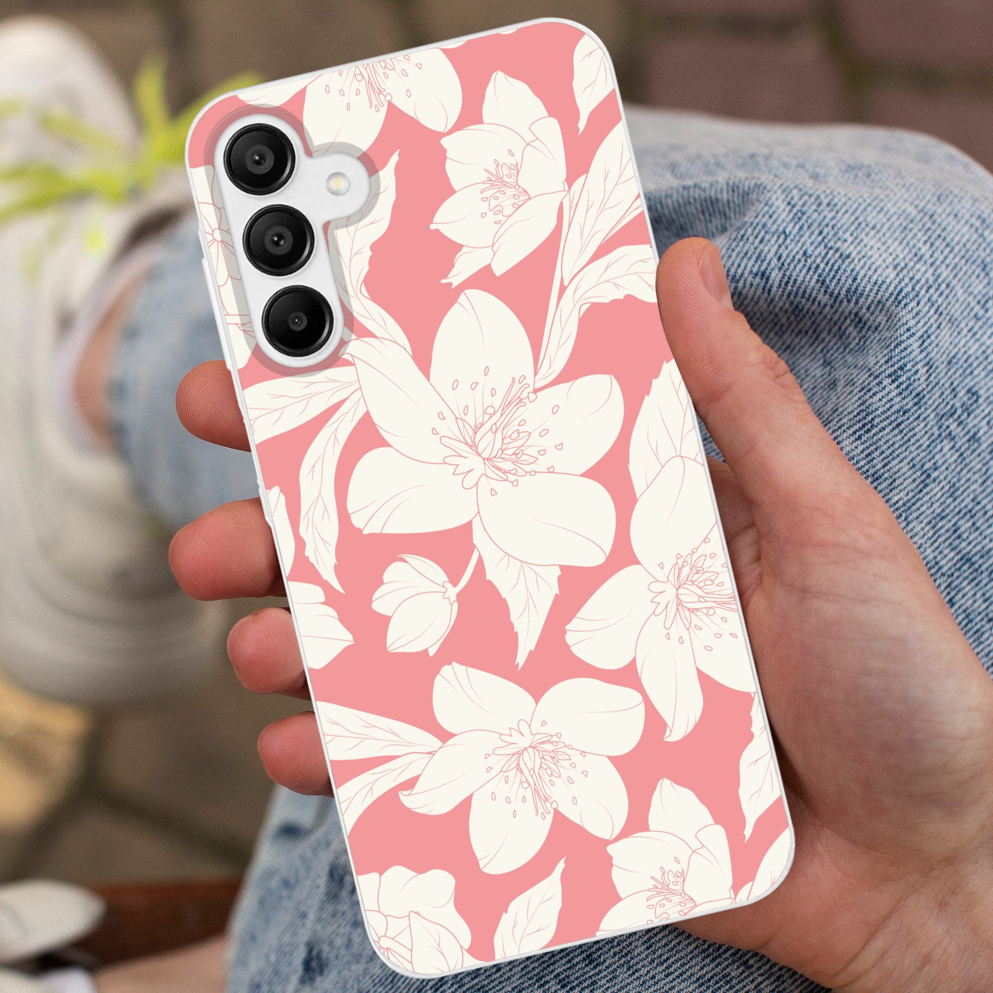 MuchoWow Handyhülle für Samsung Galaxy A15 Blumen - Muster - Rosa - Weiß, Smartphone-Bumper, Print, Handy Schutzhülle Dünn
