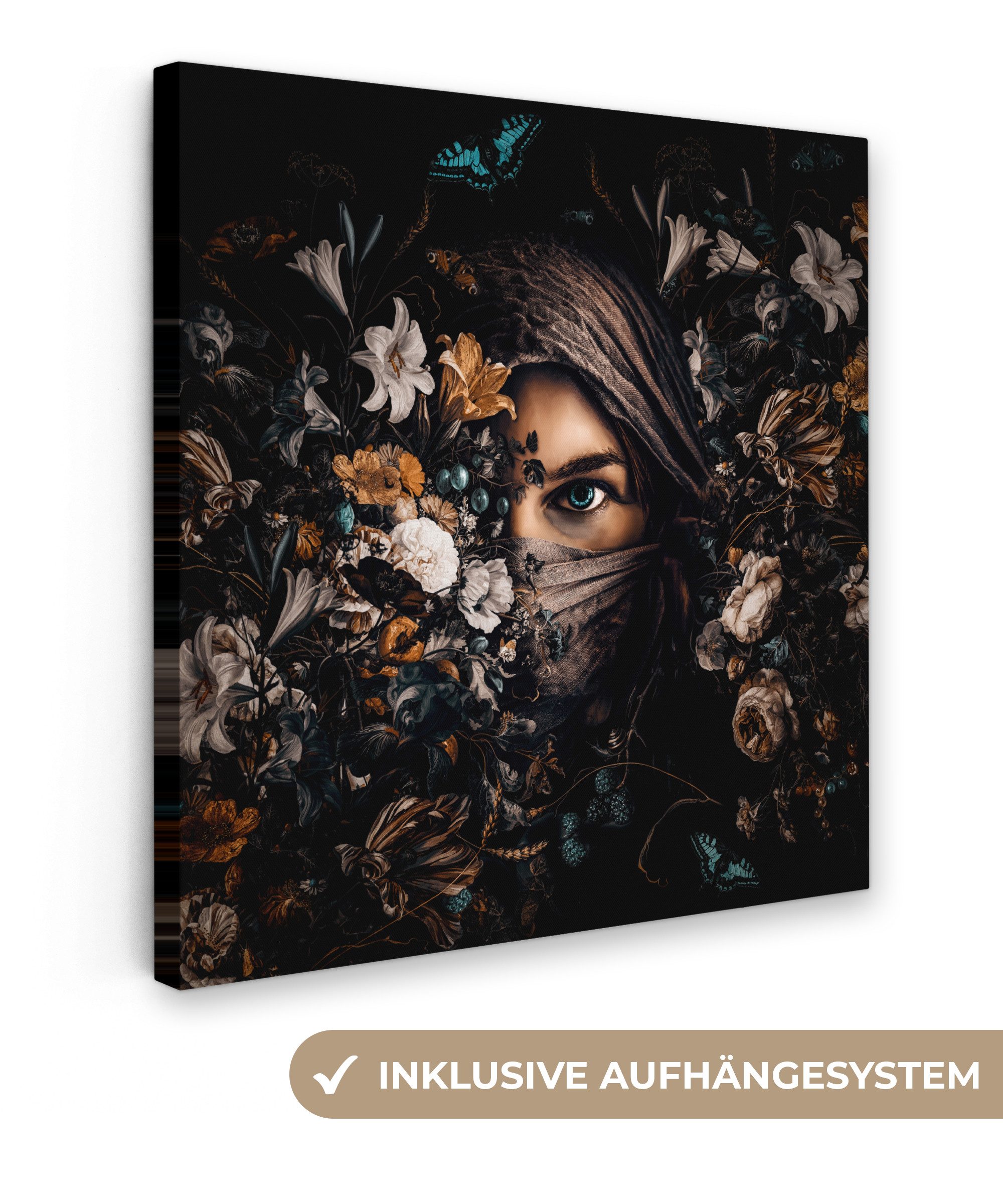 OneMillionCanvasses® Leinwandbild Frau - Luxus - Blumen - Schmetterling - Porträt, Fotodruck (1 St), Wandbild, Deko Schlafzimmer Wohnzimmer Flur 20x20 cm