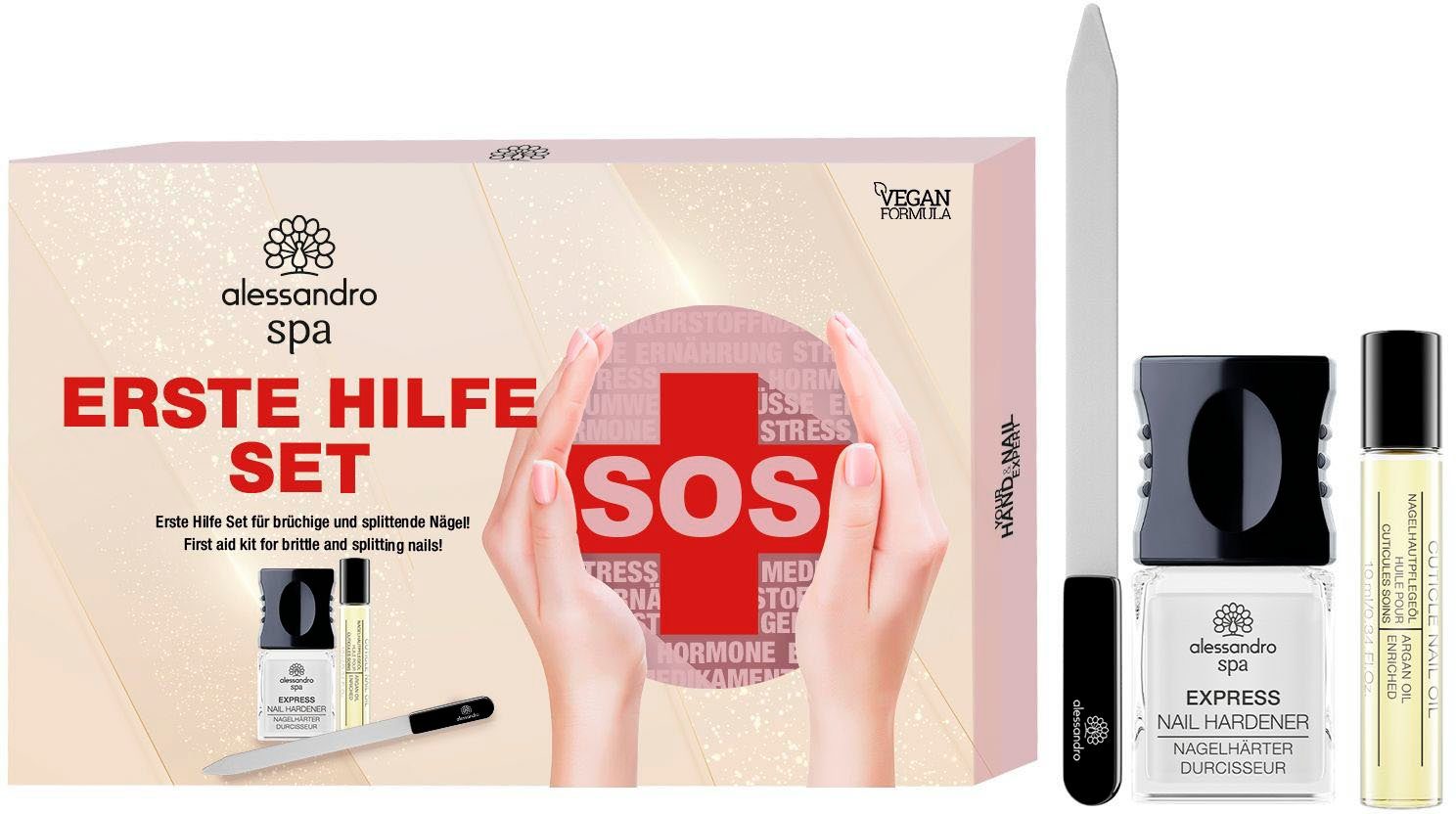 alessandro international Nagelpflege-Set SOS NAGELPFLEGE SET, 3-tlg.,  KRISTALLNAGELFEILE EXPRESS NAIL HARDENER 5ML CUTICLE NAIL OIL 10ML,  tierversuchsfrei