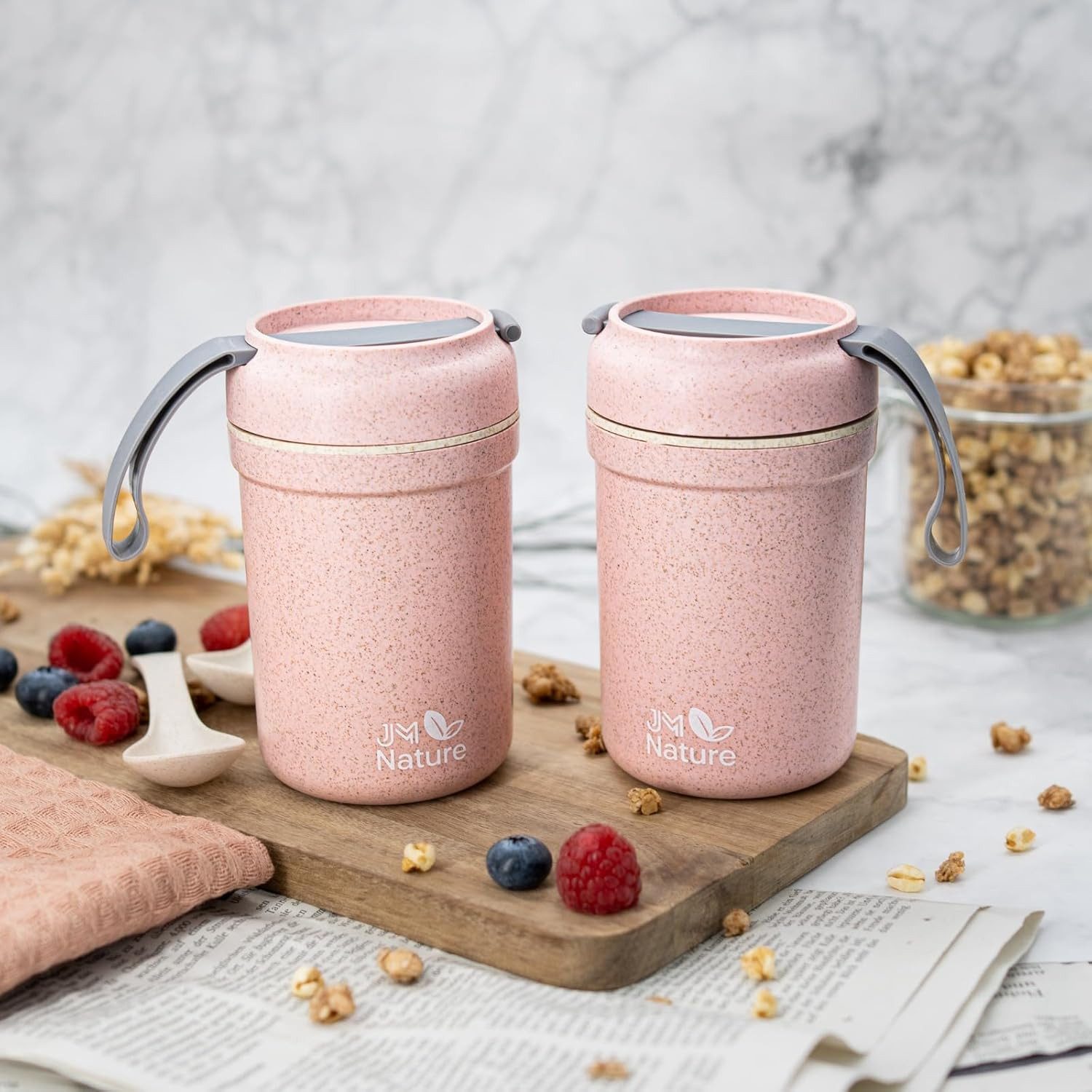 JM Nature Müslibox JM Nature 2er Set Müslibecher To Go Joghurtbecher mit Deckel Löffel
