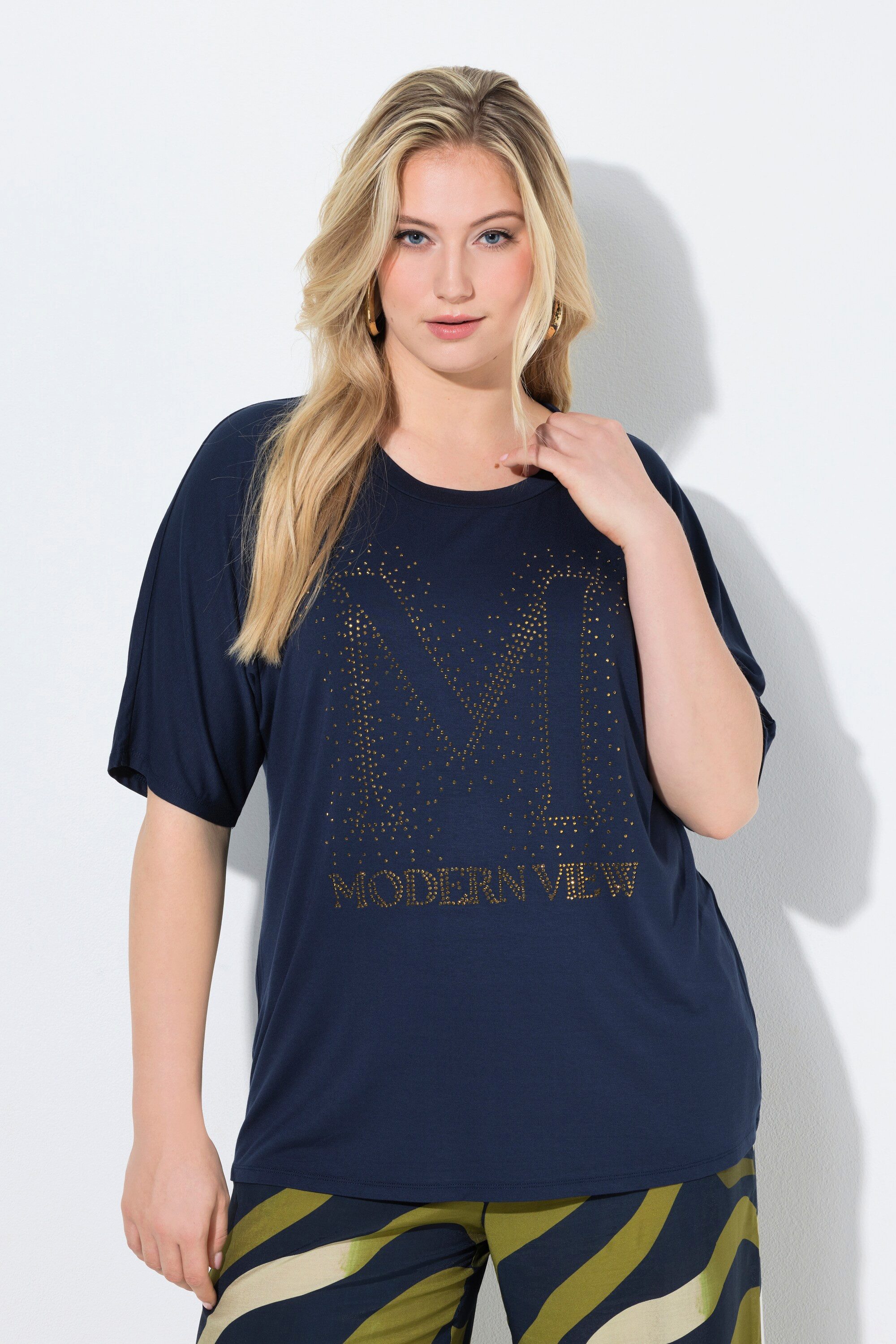T-Shirt T-Shirt Ziersteine Oversized Rundhals Halbarm