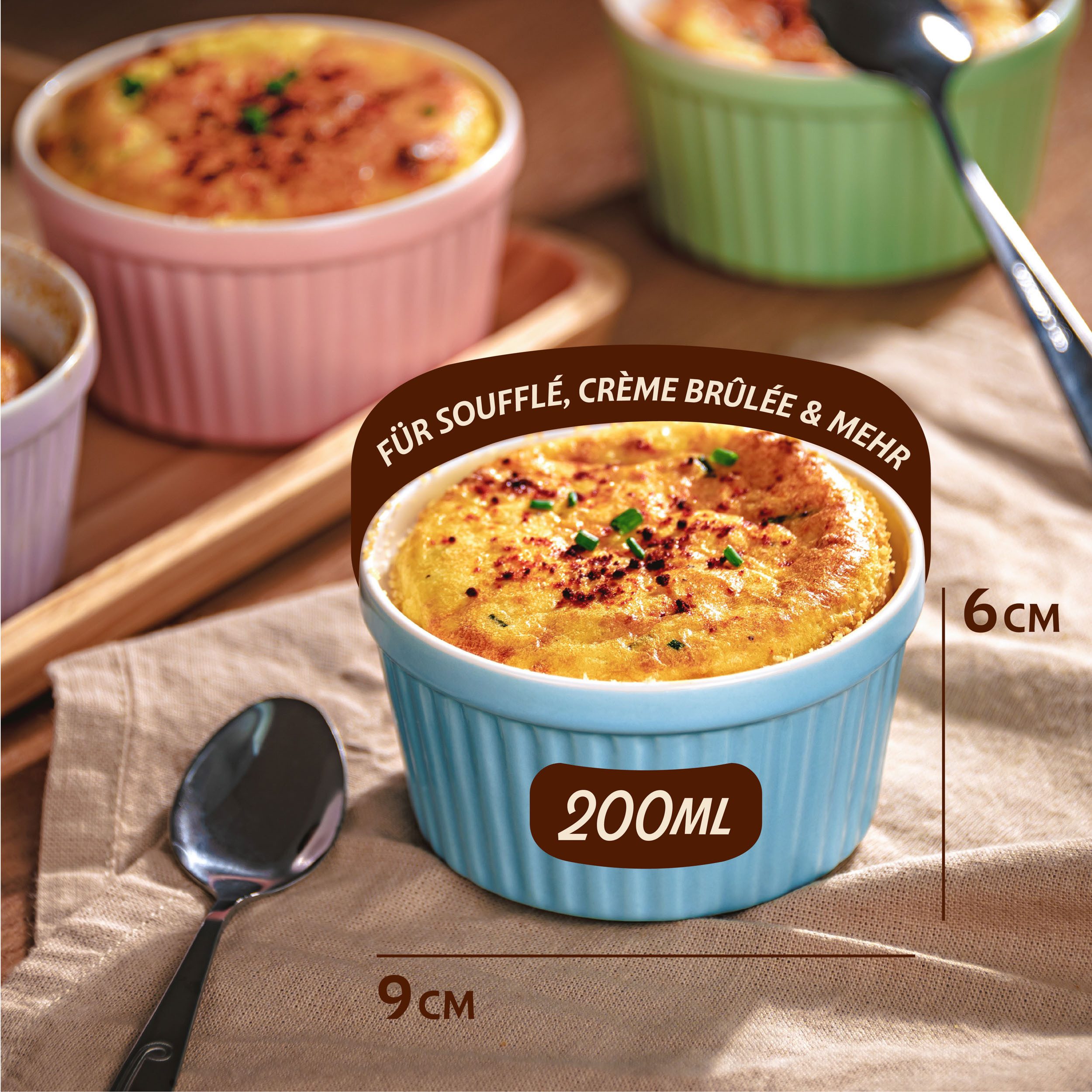 Praknu Auflaufform 6 Souffle Förmchen aus Keramik - Backofenfest - 200 ml - 9 cm, Keramik, (6-St), Kuchenform Rund - Ineinander stapelbare Auflaufförmchen mit Antihaft