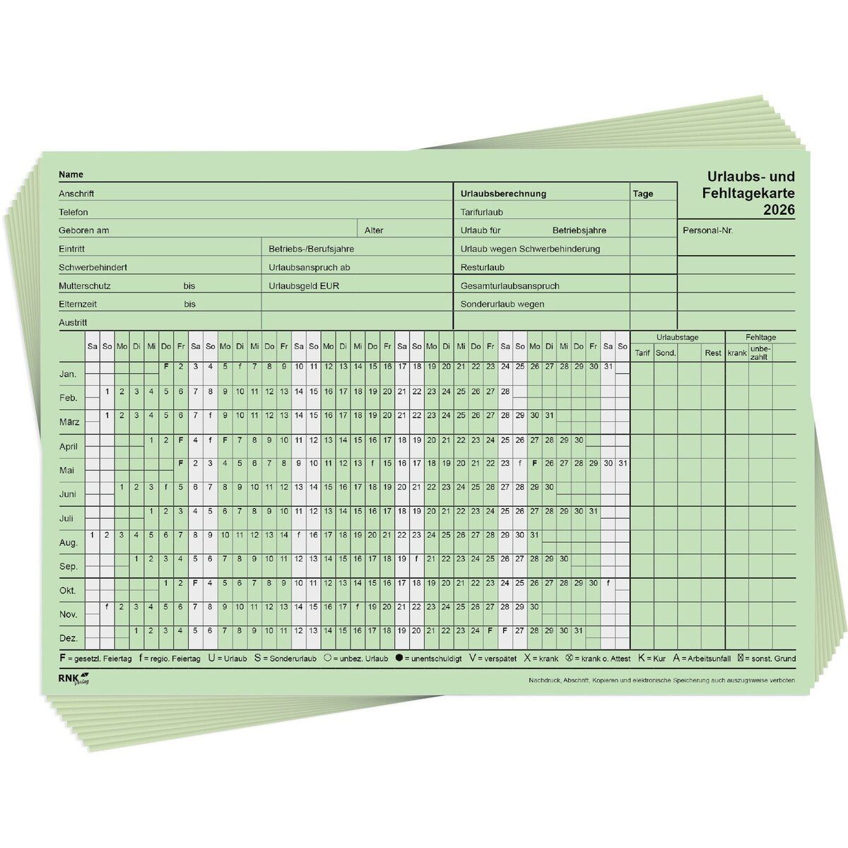 RNK Verlag Terminplaner Urlaubskarte 2026 A5 grün 10 Stück