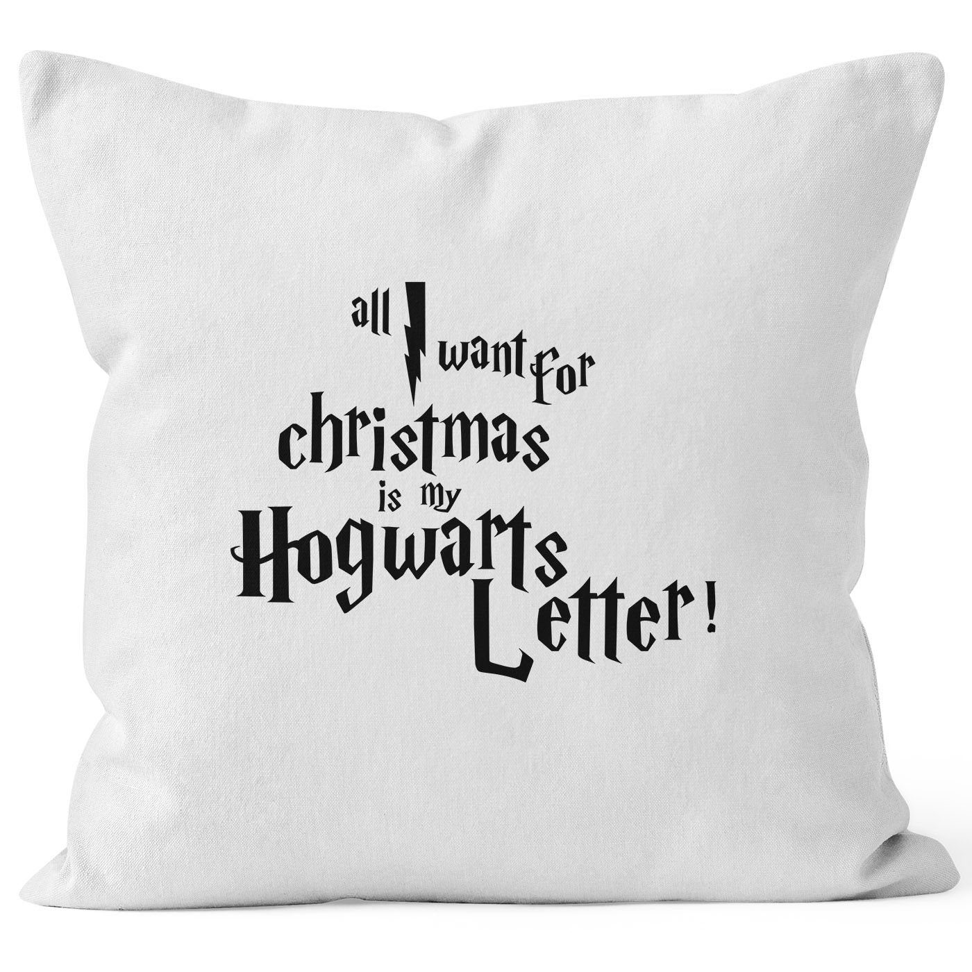 MoonWorks Dekokissen Kissenbezug All I want for Christmas is my Hogwarts Weihnachten letter Kissen-Hülle Deko-Kissen 40x40 Baumwolle MoonWorks® weiß