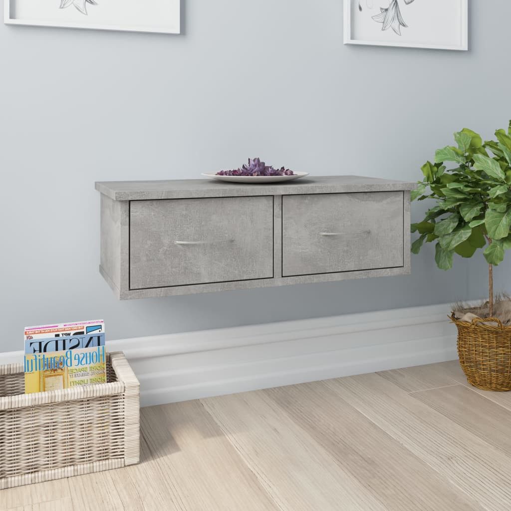 furnicato Wandregal mit 2 Schubladen 60x26x18,5 cm Betongrau Holzwerkstoff, 1-tlg., Stabile Schweberegal-Ablage mit Stauraum für Flur und Wohnzimmer