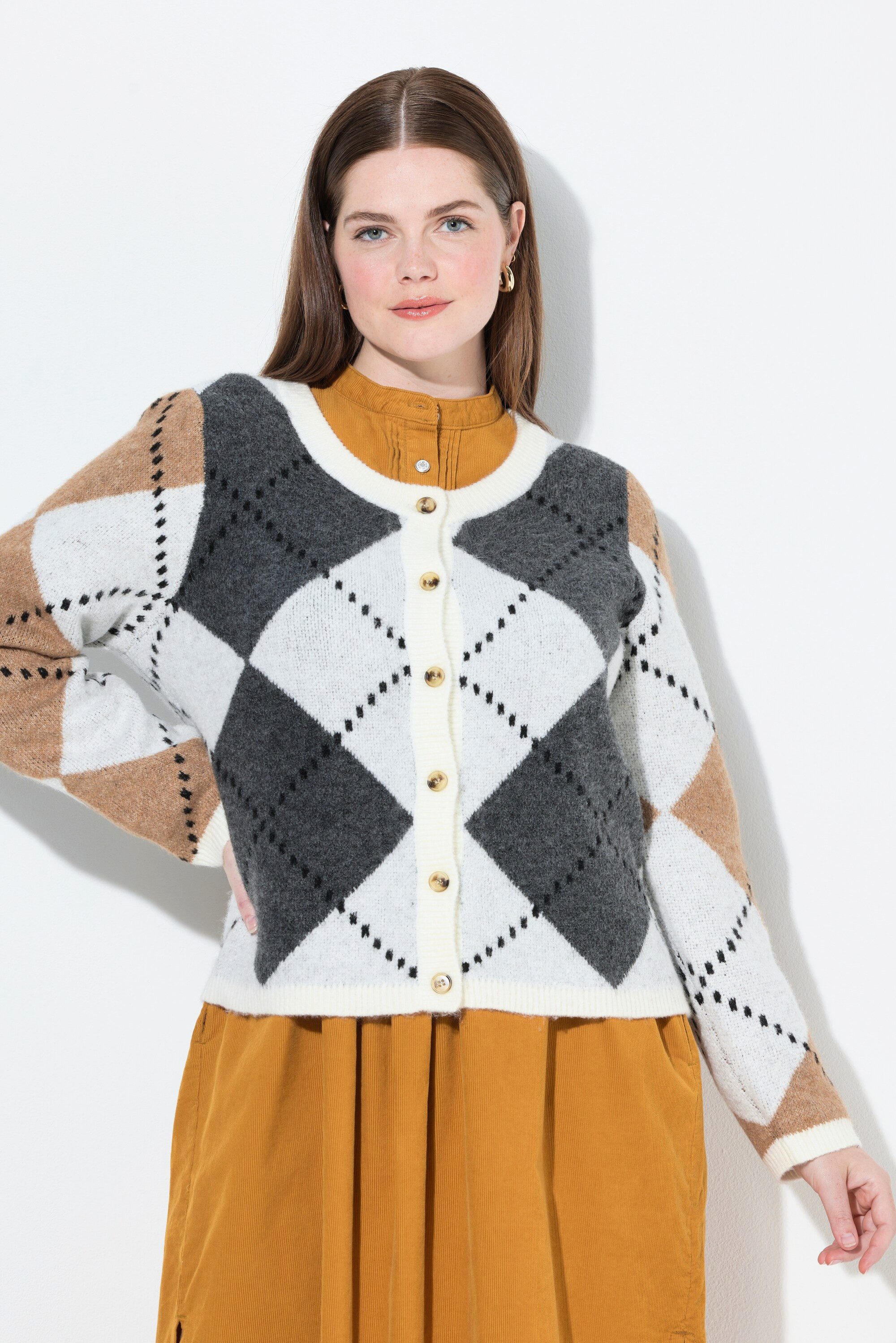 Ulla Popken Strickjacke Strickjacke Rhomben Rundhals Langarm