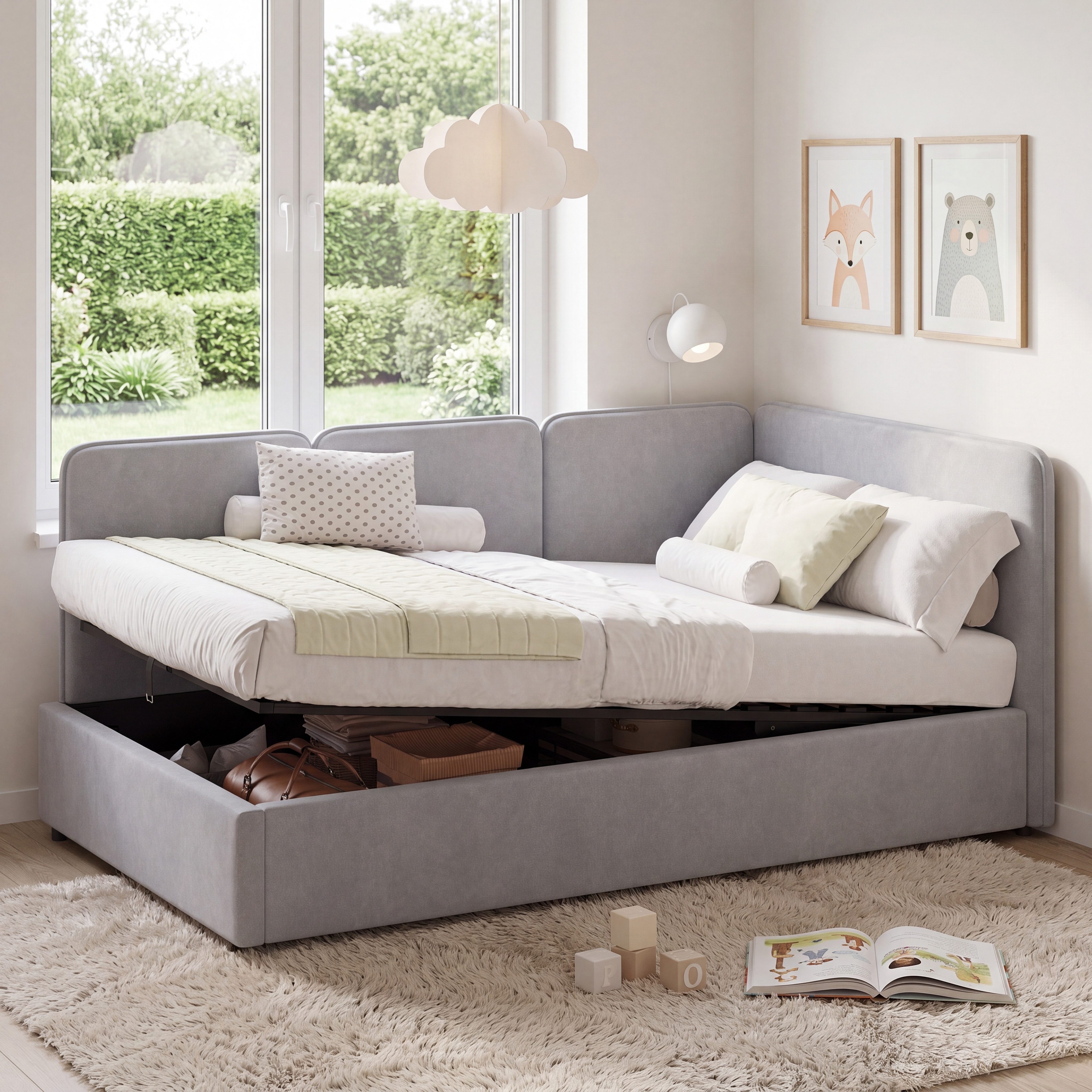 Celya Polsterbett Daybett, Tagesbett 90x200 cm mit hydraulischem Stauraum (ohne Matratze, flexibel montierbare Seitenlehne), Geeignet für Schlafzimmer, Jugendzimmer, Kinderzimmer