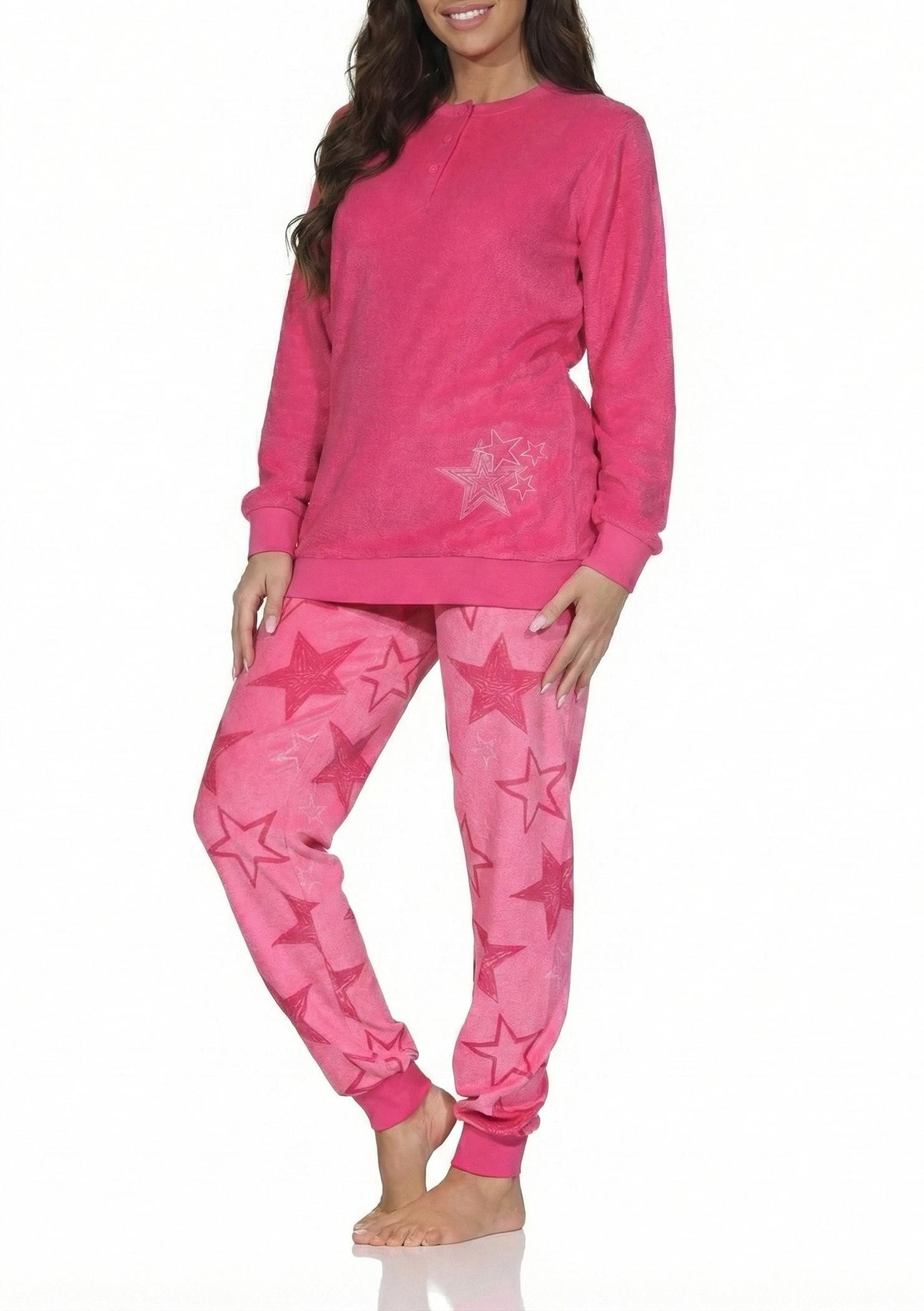 Normann Pyjama Normann Damen Frottee Schlafanzug lang mit Bündchen in Sterne Optik