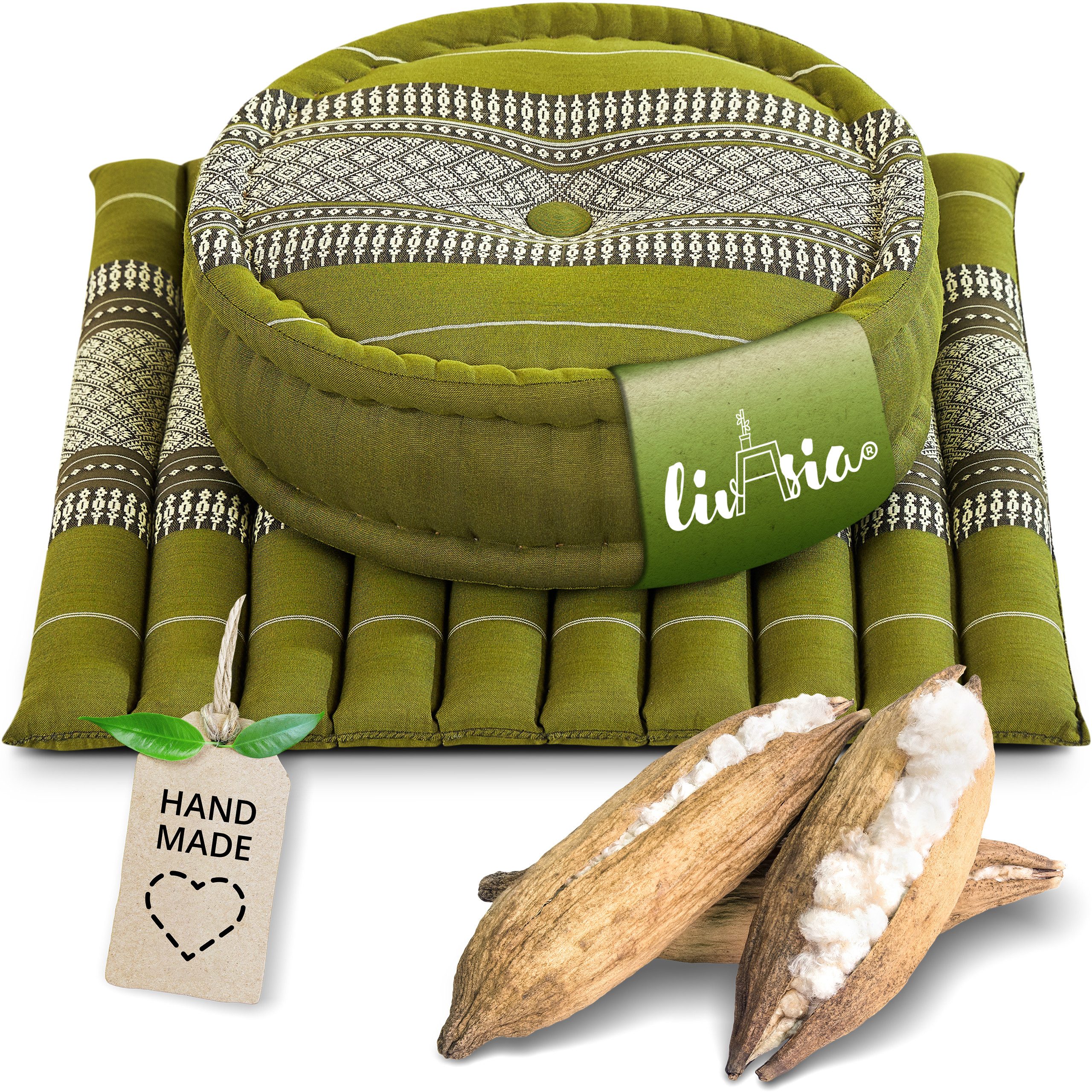 livasia Meditationskissen Yogakissen Set L - Zafu Ø 38x15cm / Matte 50x50x4,5cm, Kapok, vegan, handgefertigt