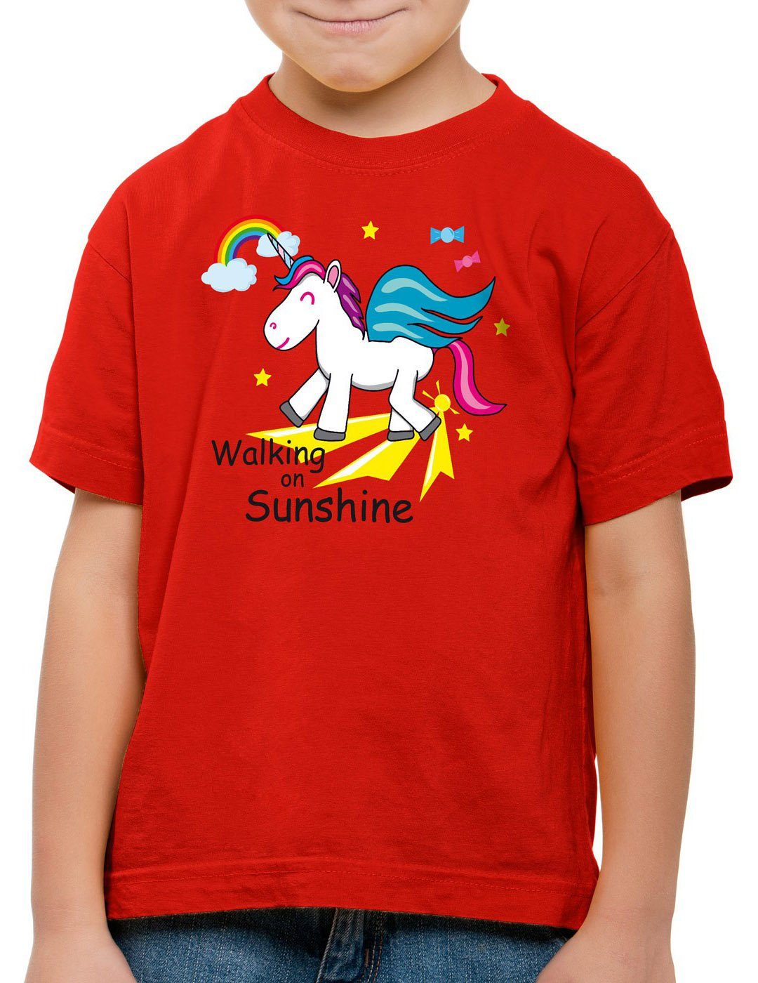 style3 Print-Shirt Kinder T-Shirt Unicorn Walking on Sunshine Einhorn Regenbogen Fun Spruch rot