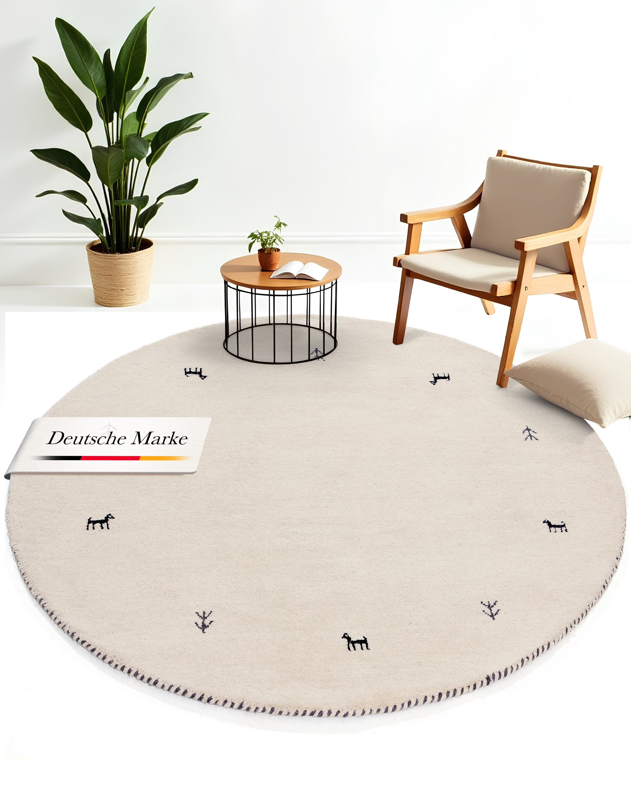 carpetfine Wollteppich Gabbeh Uni, rund, Höhe: 15 mm, reine Wolle handgewebt, Gabbeh Tiermotiv warmes Raumklima viele Größen