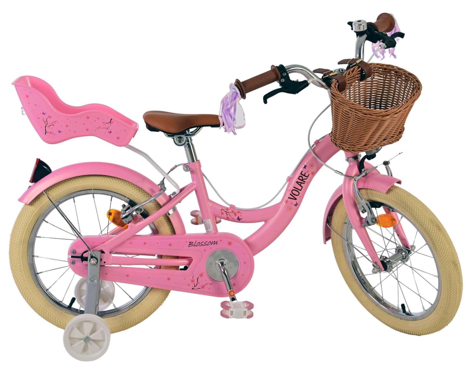 Volare Kinderfahrrad Blossom Mädchen 16 Zoll Rosa mit zwei Handbremsen und Weidenkorb, abnehmbare Stützräder, geschlossene Kettenschutz, Weidenkorb