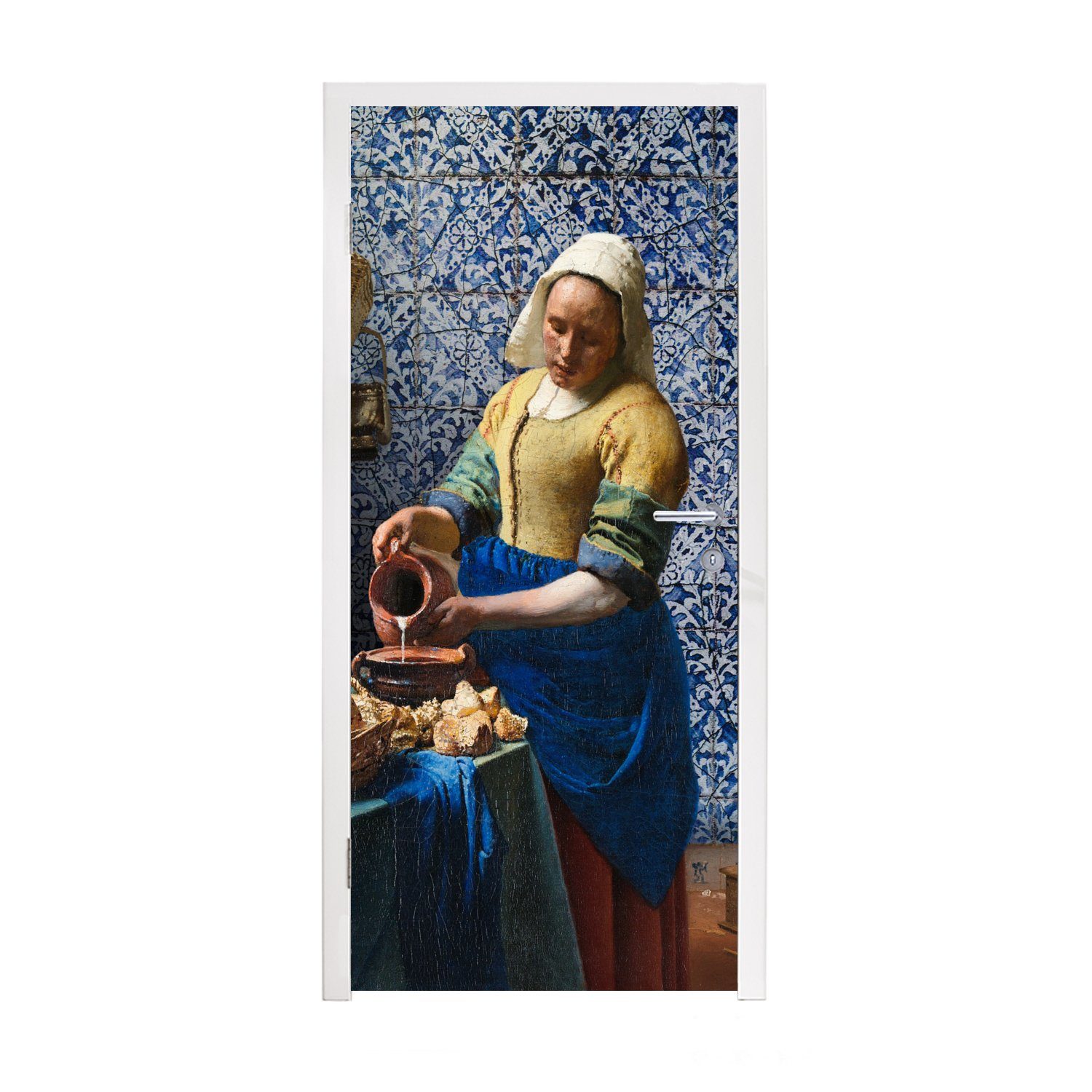 MuchoWow Türtapete Milchmädchen - Delfter Blau - Vermeer - Gemälde - Alte Meister, Matt, bedruckt, (1 St), Fototapete für Tür, Türaufkleber, 75x205 cm