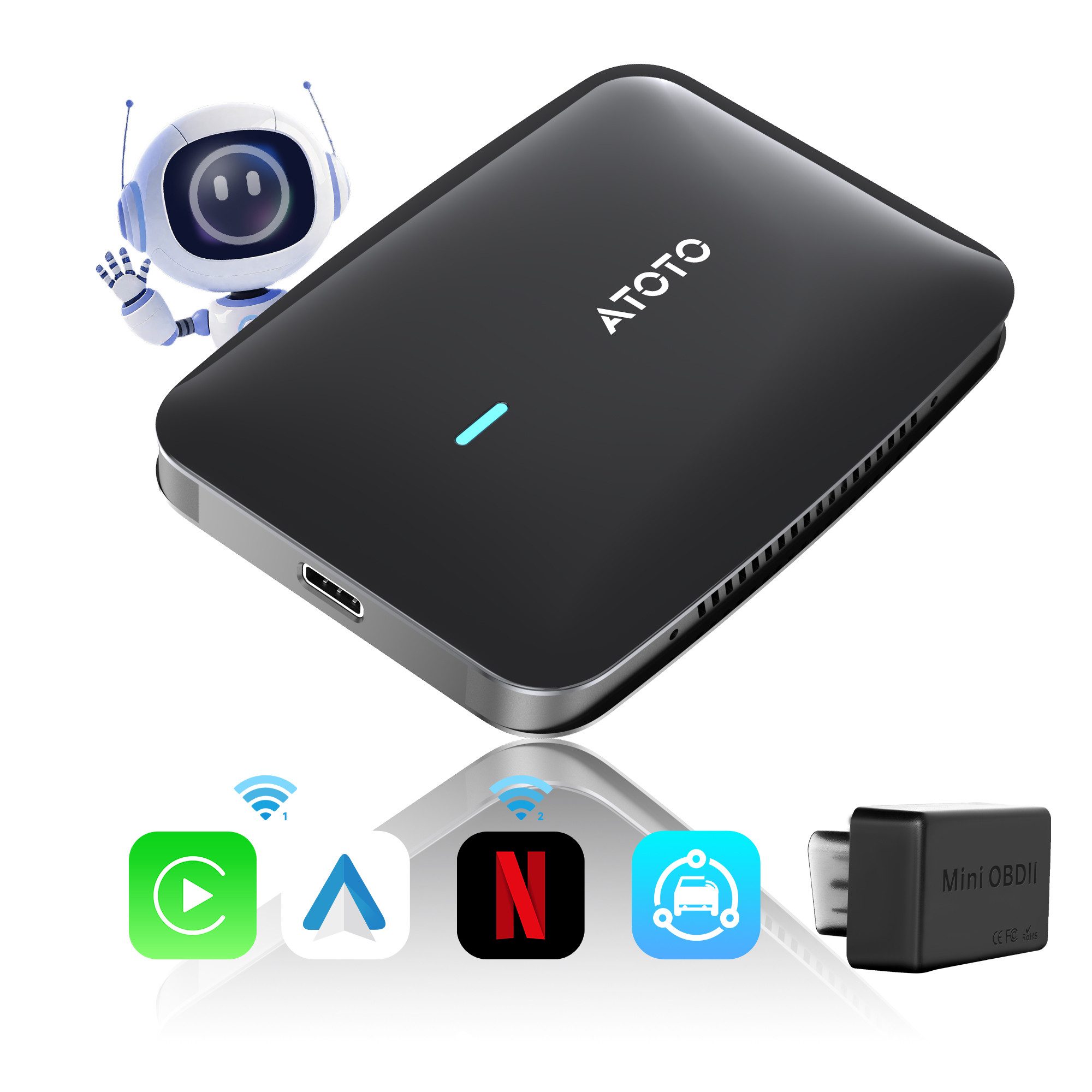 Atoto AI Smart Box: Wireless CarPlay, Streaming & inkl. OBD2-Scanner Auto-Adapter, inklusive OBD2-Scanner, Dual-WiFi und OTA-Updates