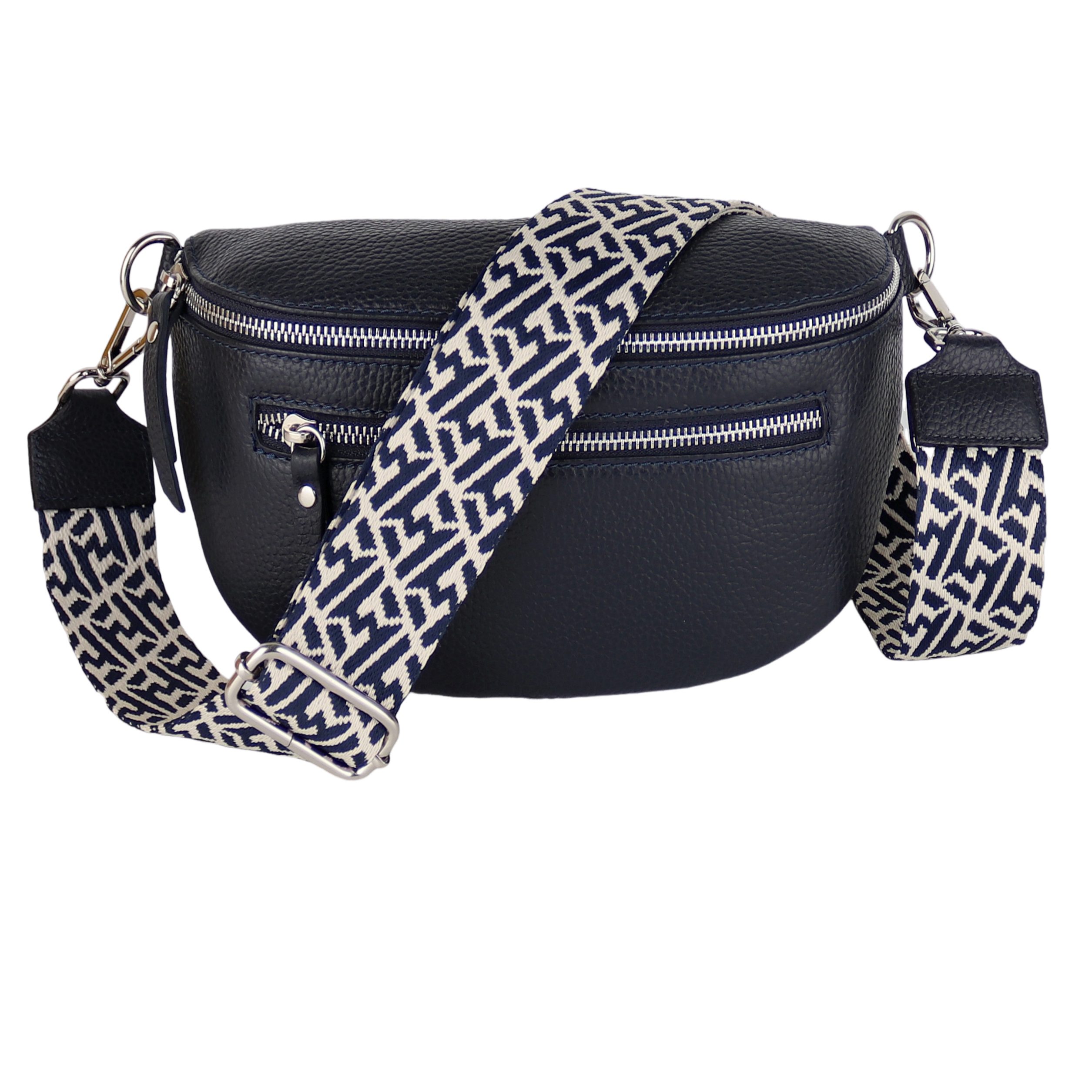 MIRROSI Bauchtasche Damen, Echtleder, Leder, Made in Italy, Umhängetasche, Brusttasche, (Schultertasche für jeden Anlass (1 Tasche & 2 Gurt), Mit zwei Reißverschlüssen, 27x14,5x8cm, BOHO Style), Navy Braun Crossbody Bag, gemusterten& verstellbaren Schulterriemen