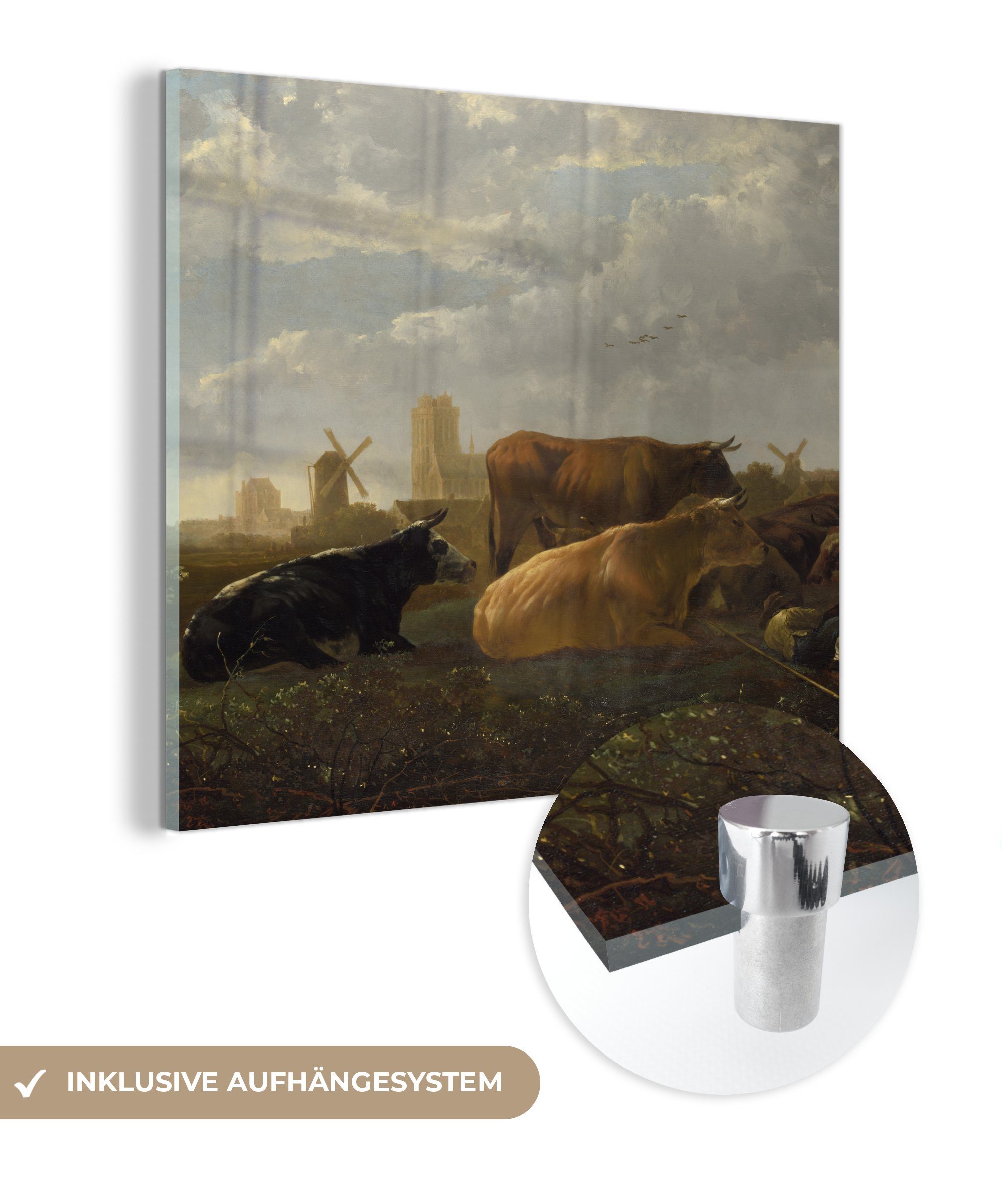 MuchoWow Acrylglasbild Ansicht Aelbert, Foto - Dordrecht Wanddekoration - Bilder von (1 - und auf fünf Hirten schlafendem Glas Glasbilder Glas Kühen - Wandbild auf St), mit