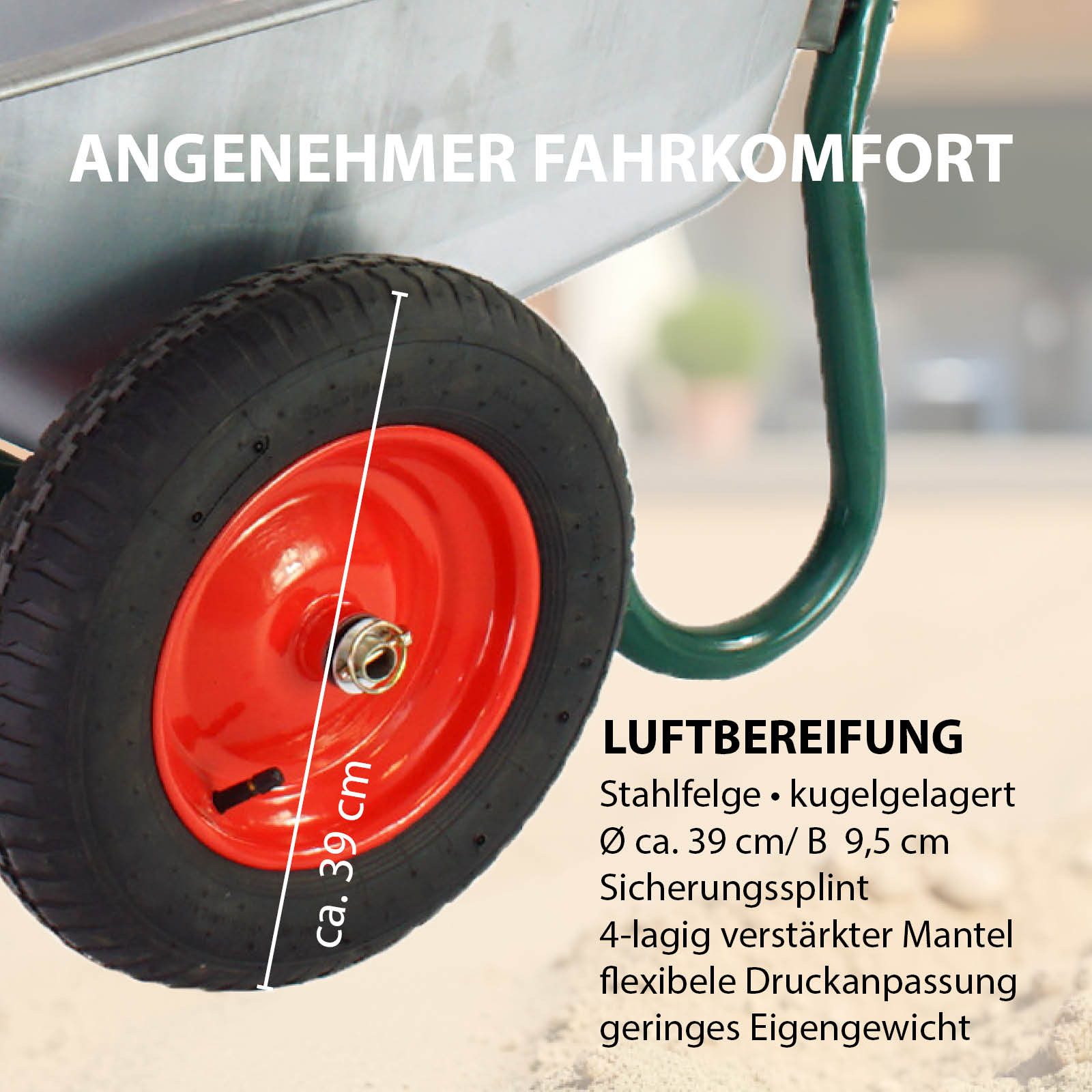 TRUTZHOLM Schubkarre 2-Rad 100 L160kg Tragkraft verzinkter Stahl Luftrad auf Stahlfelge, Hervorragende Stabilität,Rutschfeste Griffe