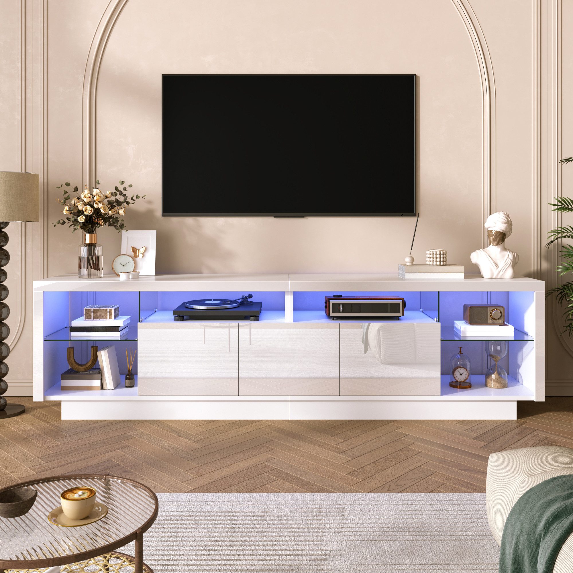 STILVORA Lowboard Moderner TV-Schrank mit LED TV-Regal mit Glasfächern (TV-Möbel mit kombiniertem Stauraum, 3 Türen, LED-Licht, Hochglanzfront), für Wohnzimmer, Wohnbereich, Multimedia-Bereich