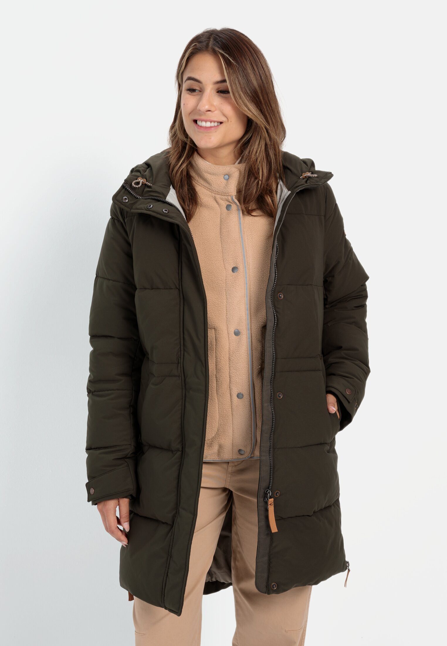 camel active Steppjacke mit daunenartiger Füllung Langarm Kapuze Markenlabe günstig online kaufen