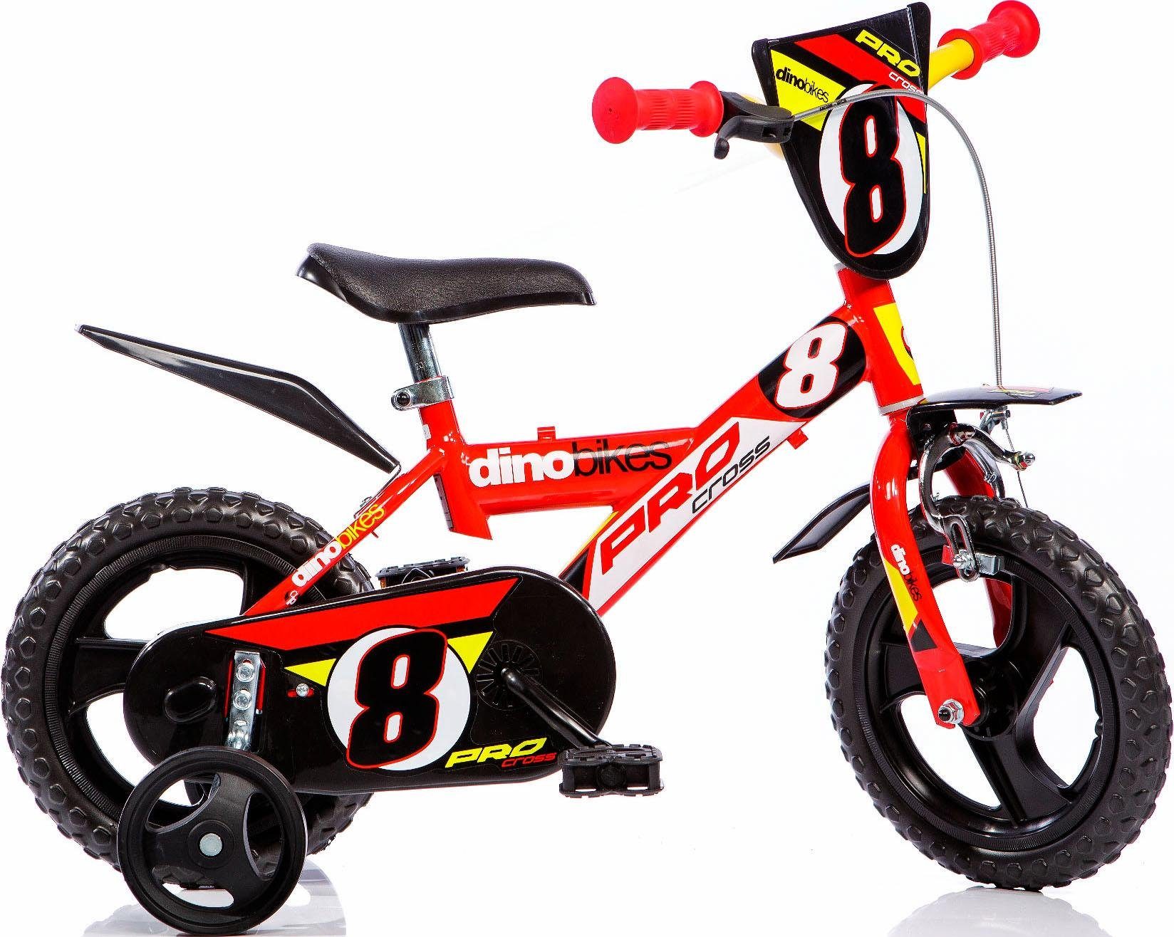 Dino Bikes Kinderfahrrad 12" Pro Cross Kinderfahrrad Jungen stabiler Stahl-Rahmen Stützräder, 1 Gang, mit Stützrädern, Frontschild und coolen Schutzblechen