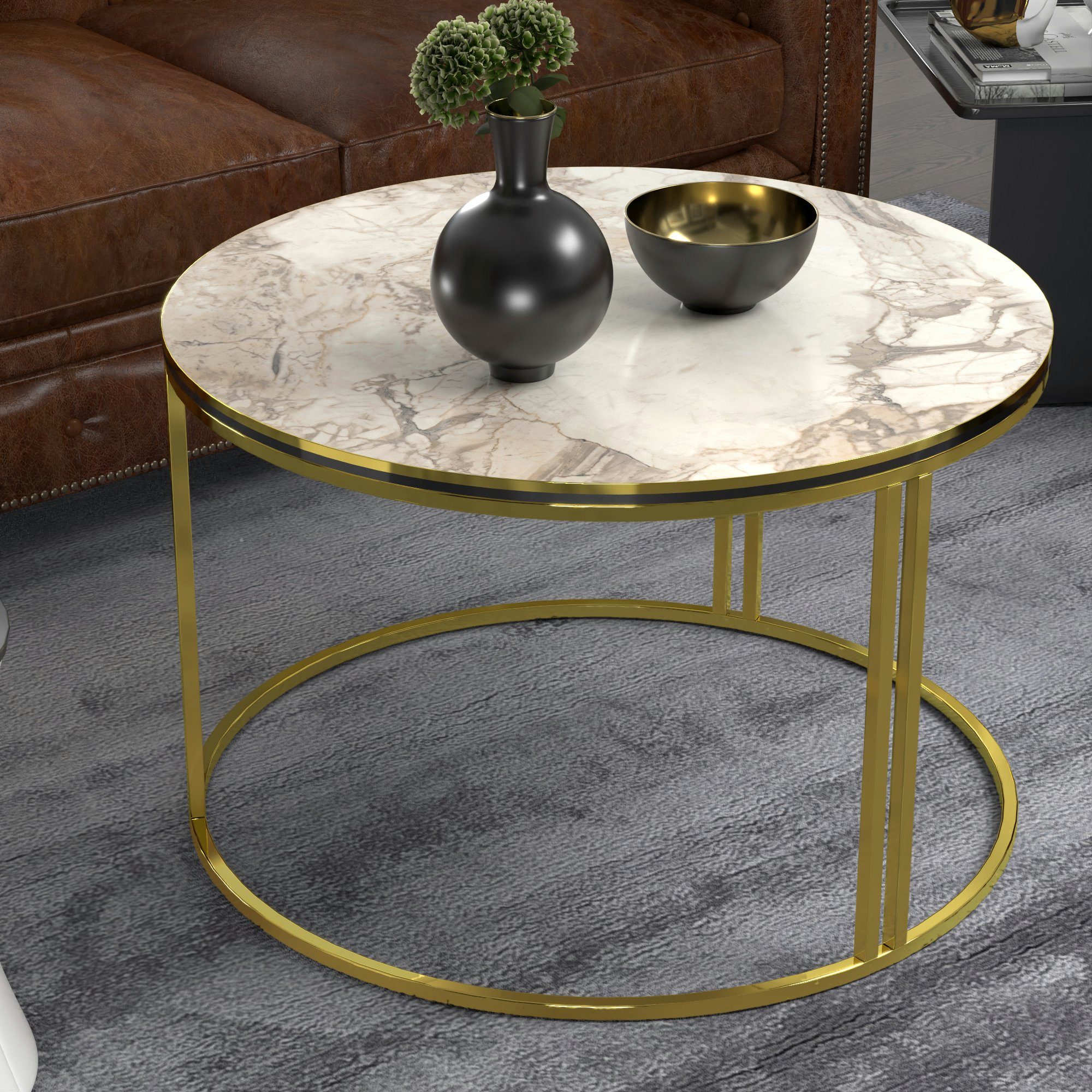 cm, Marmor/Weiß/Gold Marmor »Aulum« Couchtisch, Beistelltisch Gold | weiß 50xØ80 en.casa