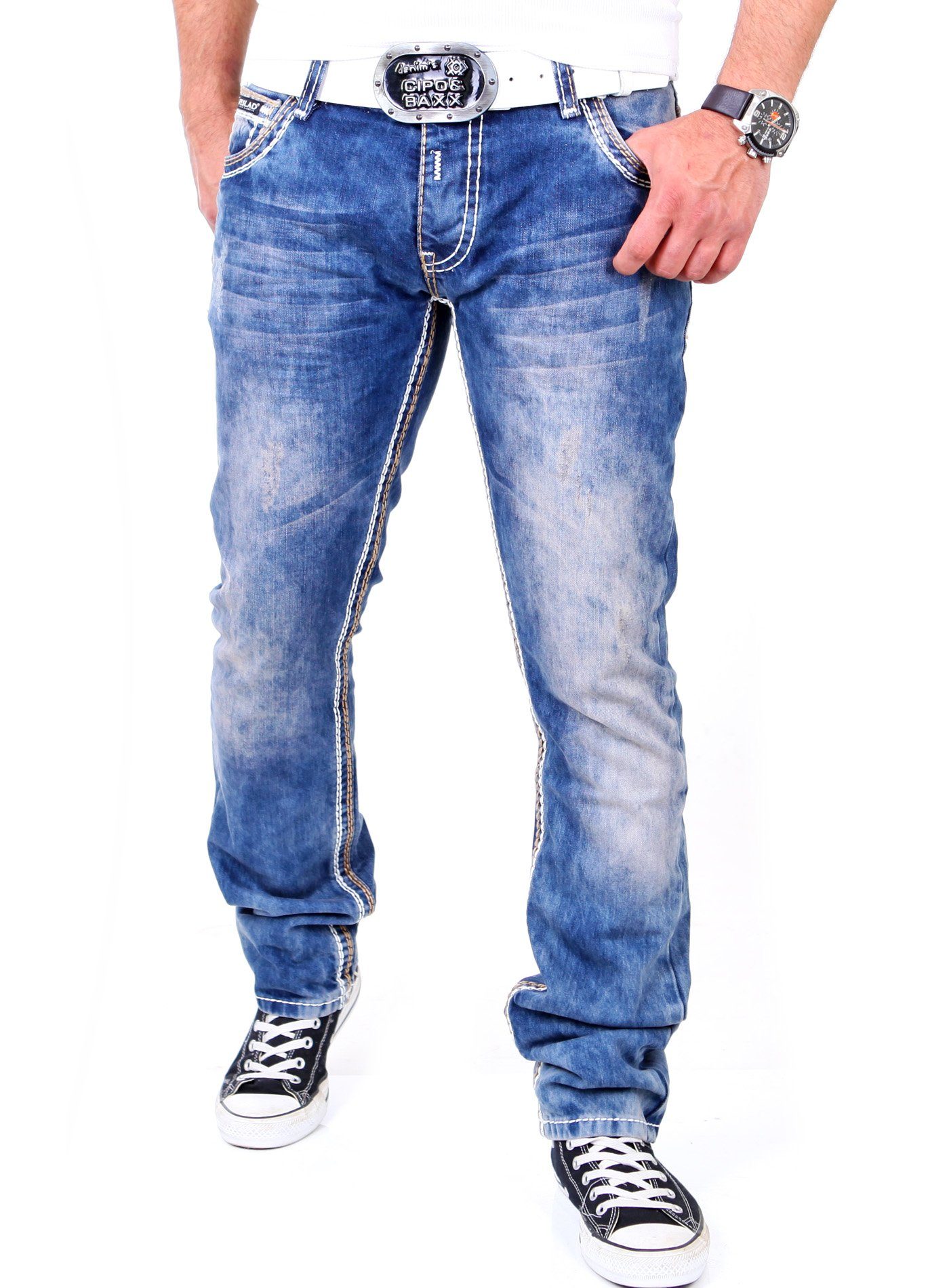 Herren Jeans Chino Hose dicke Nähte Naht Destroyed Clubwear Cargo Style Blau NEU 