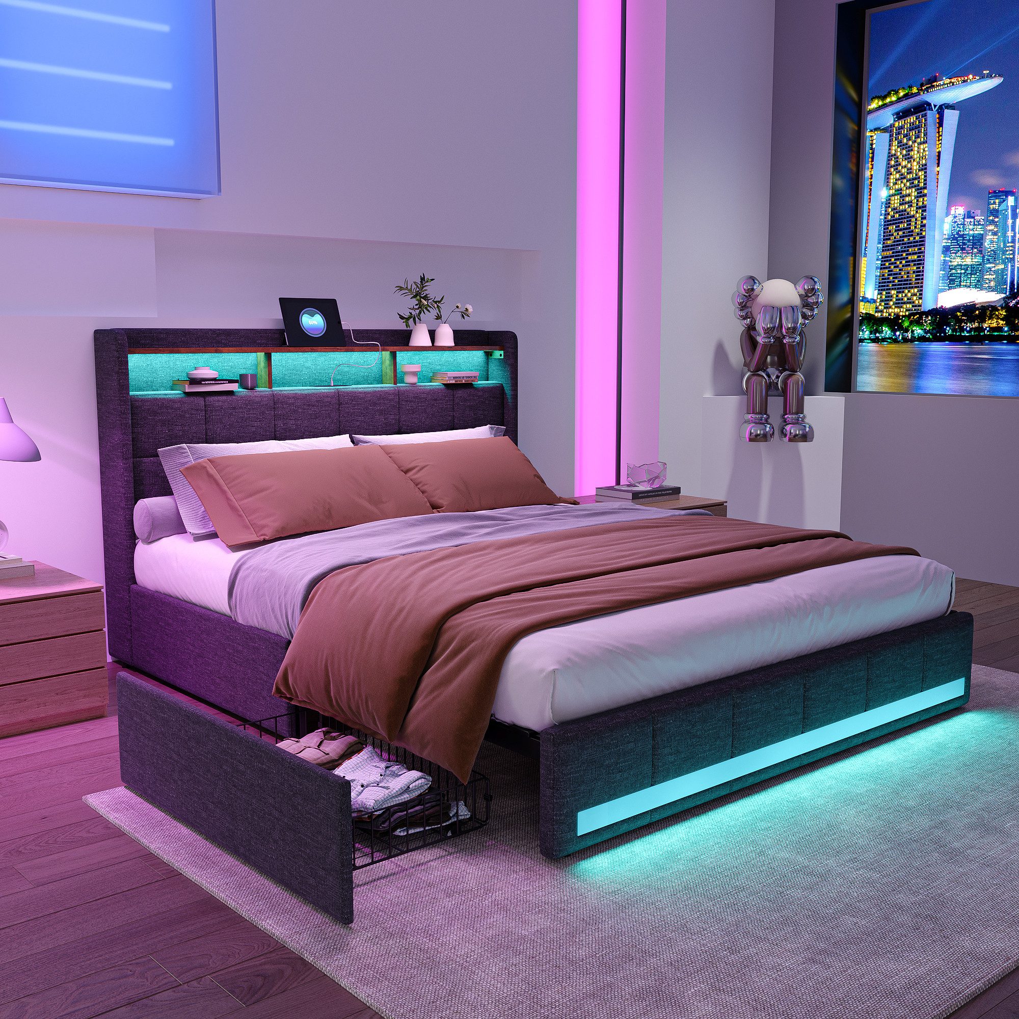 PXloue Polsterbett Doppelbett Stauraumbett Funktionbett, mit USB-Laden und günstig online kaufen