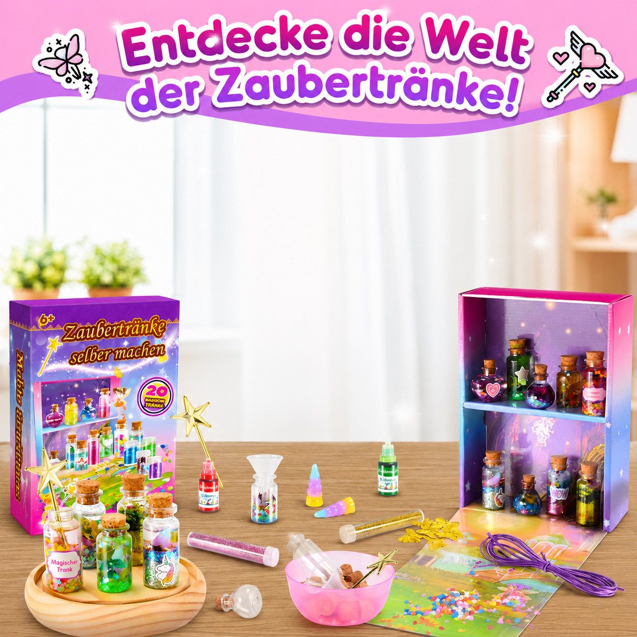 Wootoy Kreativset Feen-Zaubertrank Set Experimentierkasten Lernspielzeug Bastelset, (mit Zauberstab Kristallen Schmetterlingen und weiteren Accessoires, 1-tlg., 20 Feentrank-Fläschchen mit 7 Rezeptideen und Gestaltungsmöglichkeiten), für Partys Bastelprojekte und kreative Geschenkideen