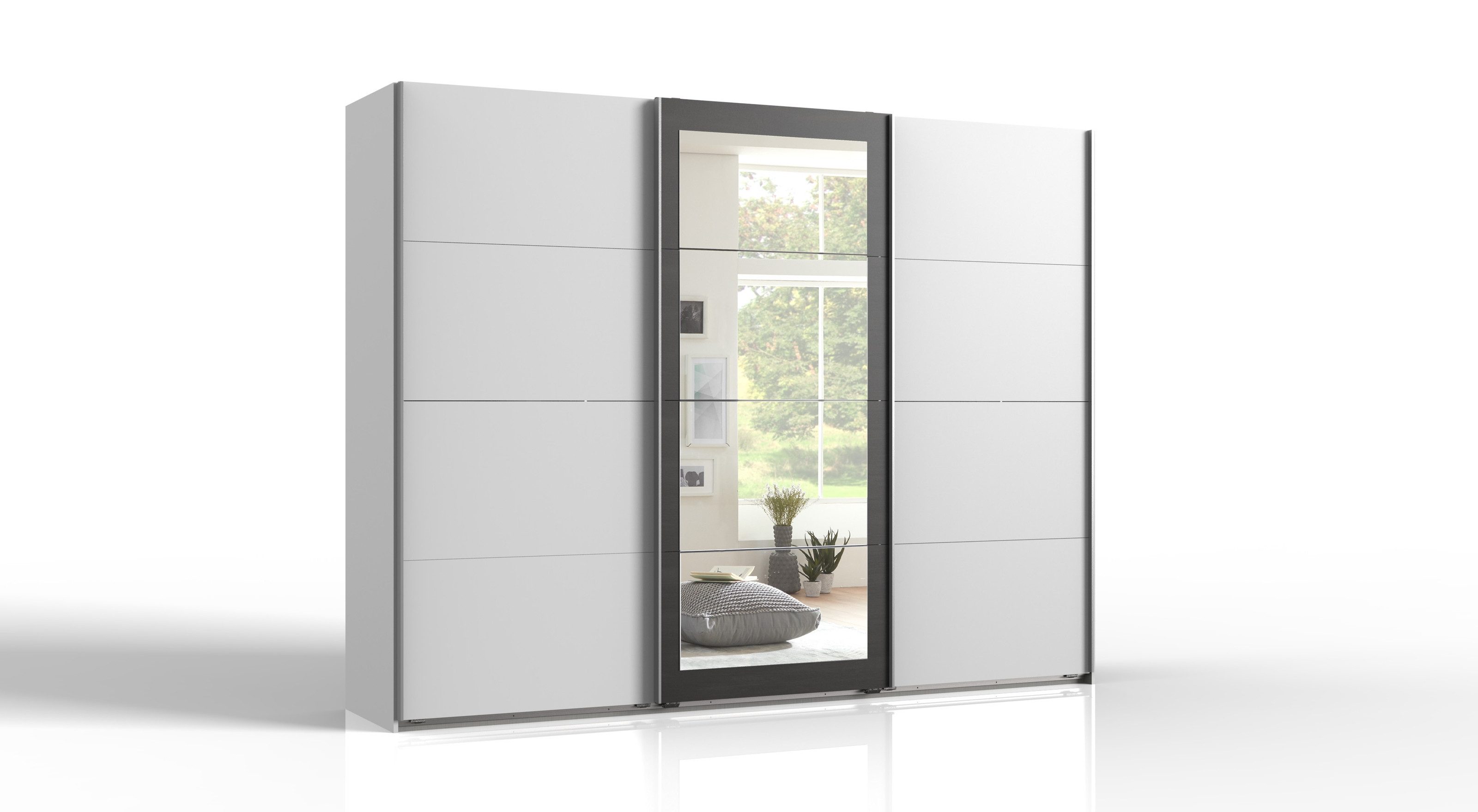 freiraum Schwebetürenschrank Minden in WEISS + RAW STEEL - 270x208x65cm (BxHxT)