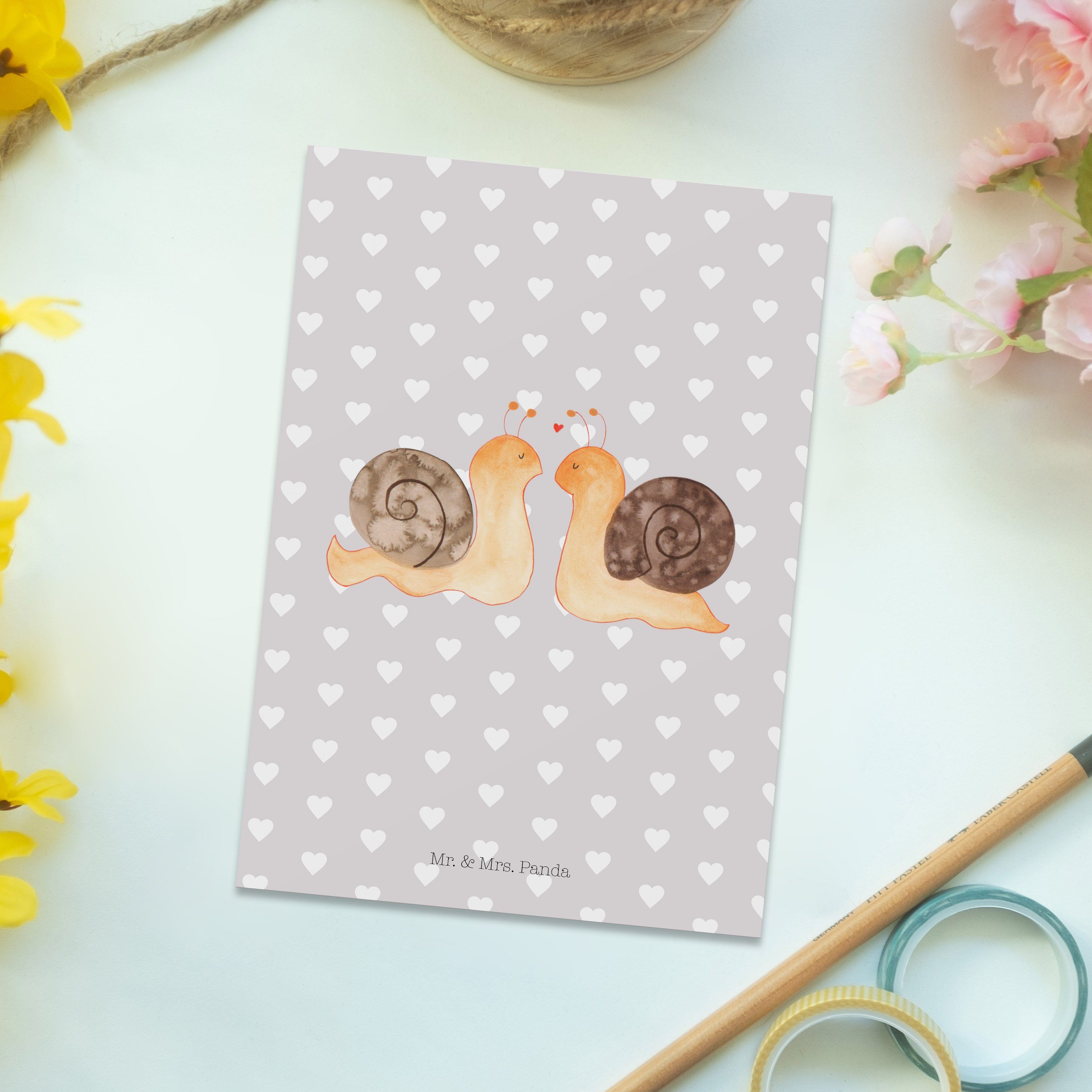 Postkarte - Schnecken Pastell Mrs. - Einladung, Mr. Grau Liebe Panda verliebt, & Geschenk, Karte