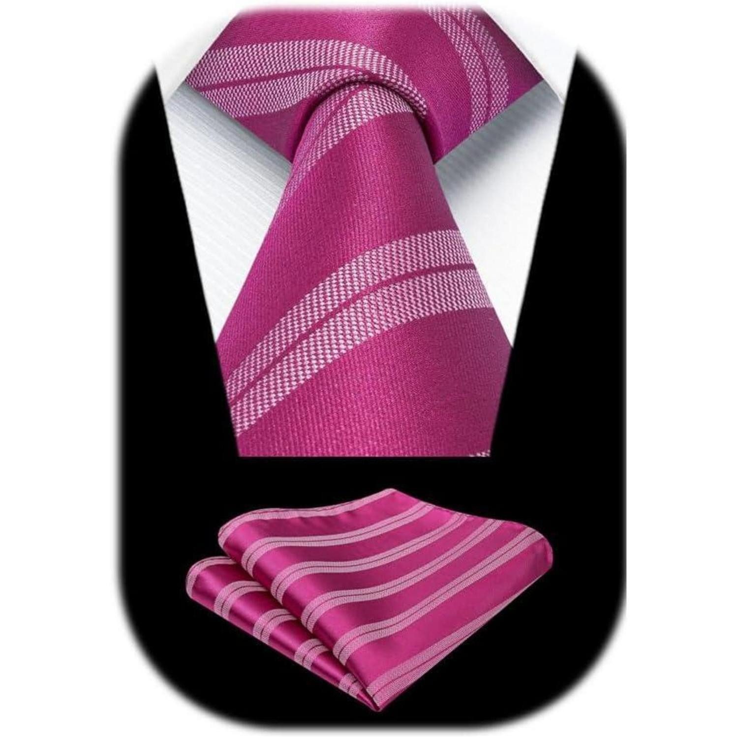 LuxusKollektion Krawatte Krawatte Herren Streifen Einstecktuch Set Hochzeit heißes Rosa