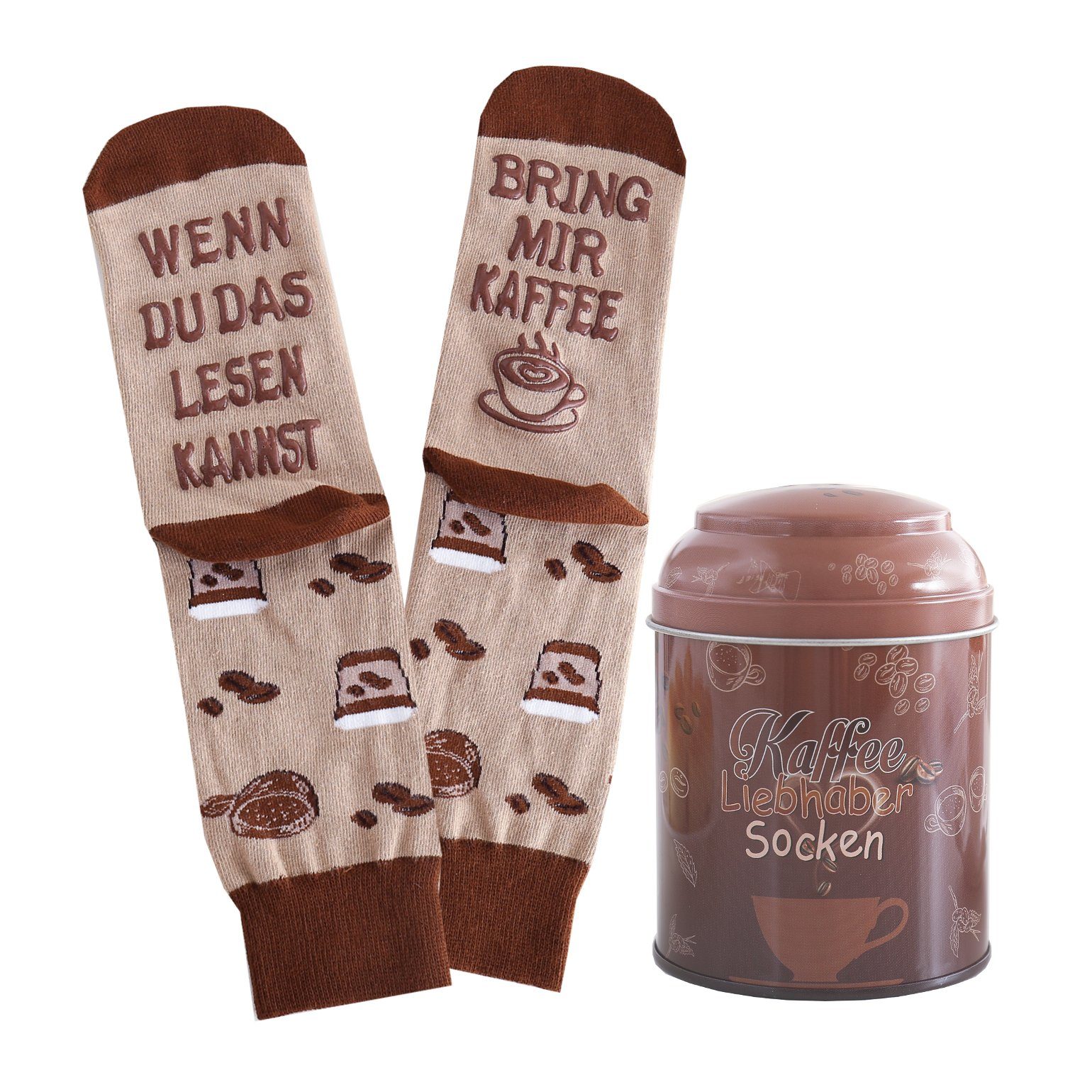 Lucadeau Freizeitsocken Kaffee Schoki Tee Socken in Dose mit Spruch, wenn du das lesen kannst (Dose, 1 Paar) rutschfest, Gr. 37-43, Geschenke für Frauen, Geburtstagsgeschenk