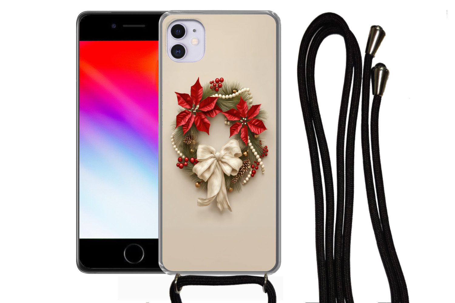 MuchoWow Handyhülle für Apple iPhone 12 Mini Türkranz - Schleife - Weihnachten - Rot - Grü, Tragbare Handyhüllen mit Kette zum umhängen, Handykette Handyband
