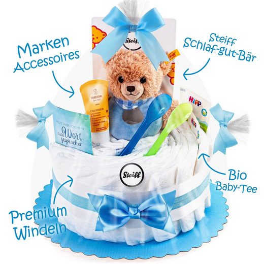 Timfanie Neugeborenen-Geschenkset »Timfanie® Windeltorte, Steiff Schlaf-gut-Bär« (blau, 28-tlg., mit Grußkarte)