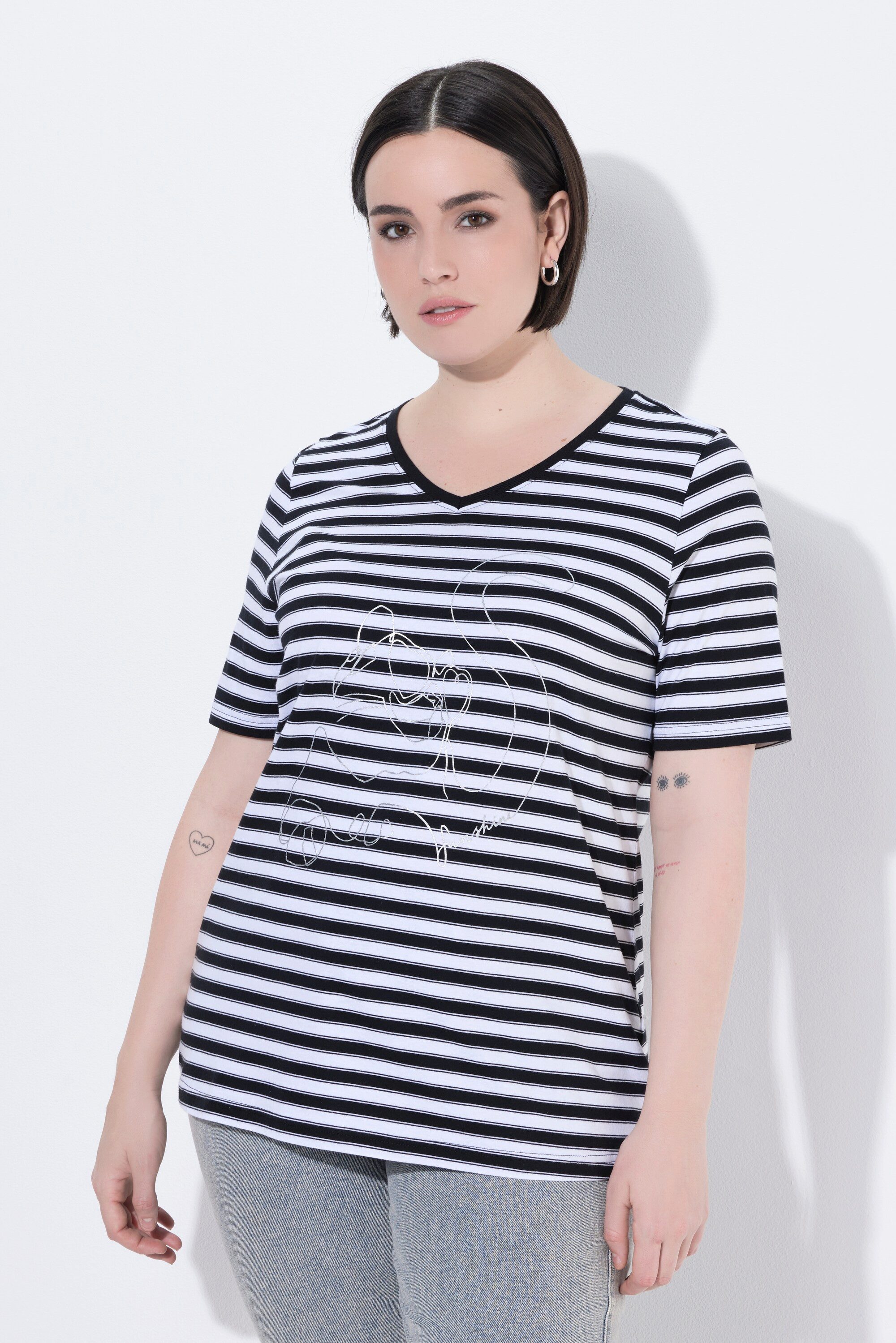 Ulla Popken T-Shirt Shirt Ringel Metallic-Motiv V-Ausschnitt Halbarm