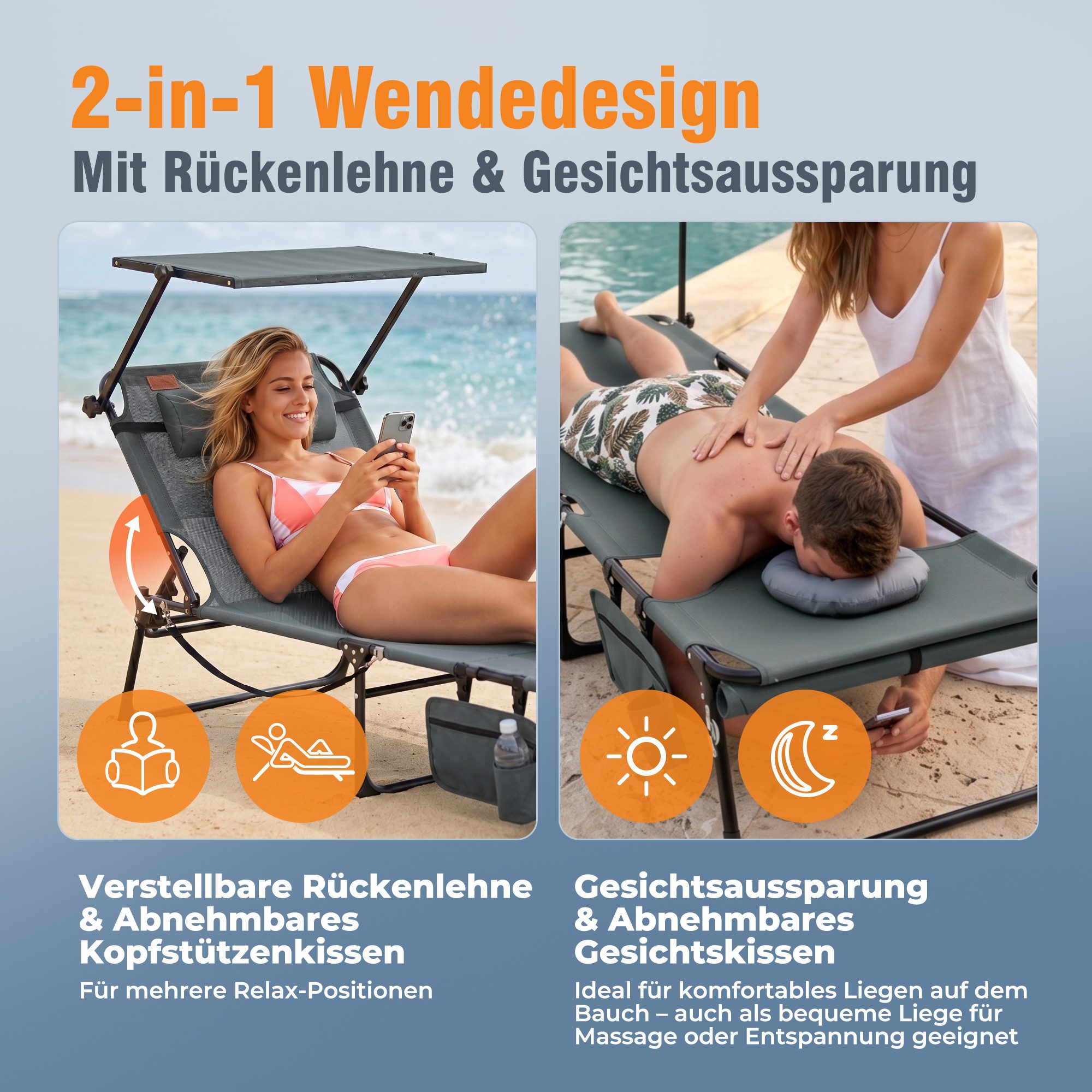 HOMECALL Gartenliege Sonnenliege mit Gesichtsöffnung und Sonnendach, klappbarer Liegestuhl, bis180 kg 200x70cm 4-Fach verstellbare Rückenlehne, 1 St., für Garten, Strand und Camping