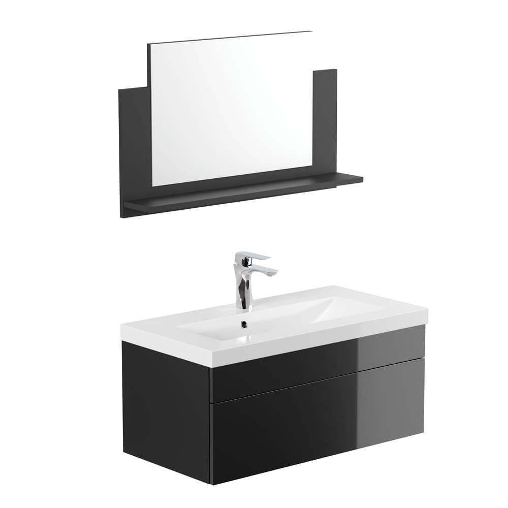 HOME DELUXE Badmöbel-Set WANGEROOGE BIG - M, (inkl. Unterschrank, Waschbecken und Spiegel), 33 x 80 x 41 cm - Softclose Funktion, Waschbeckenunterschrank