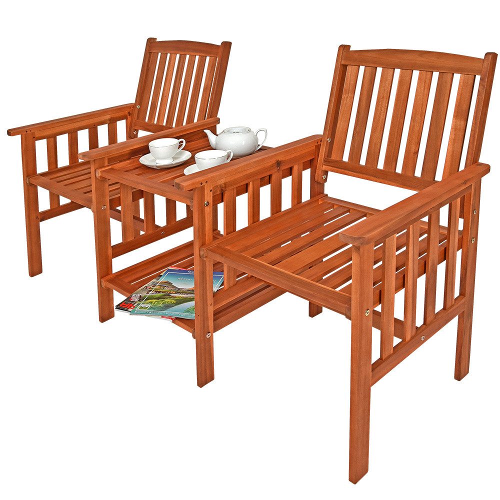 Casaria Bank Tete a Tete, Gartenbank 2-Sitzer Akazienholz inkl. Tisch & Ablage outdoor indoor