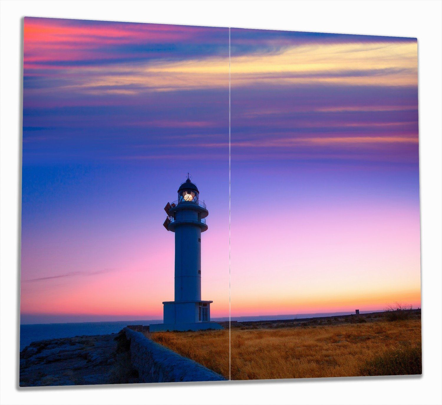 Wallario Herd-Abdeckplatte Leuchtturm am Abend auf den Balearen Malerischer Himmel, ESG-Sicherheitsglas, (Glasplatte, 2 tlg., inkl. 5mm Noppen), verschiedene Größen | Herdabdeckplatten