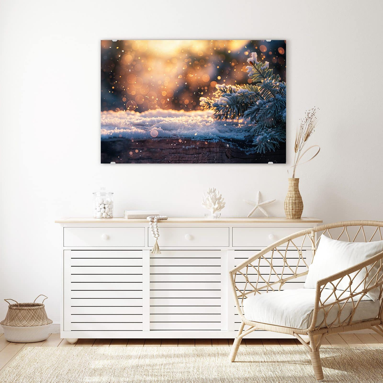 Primedeco Glasbild Wandbild Winterzweig Schnee mit Aufhängung, Jahreszeiten (21 verschiedene Größen, 1 St), Elegante Aufhängung