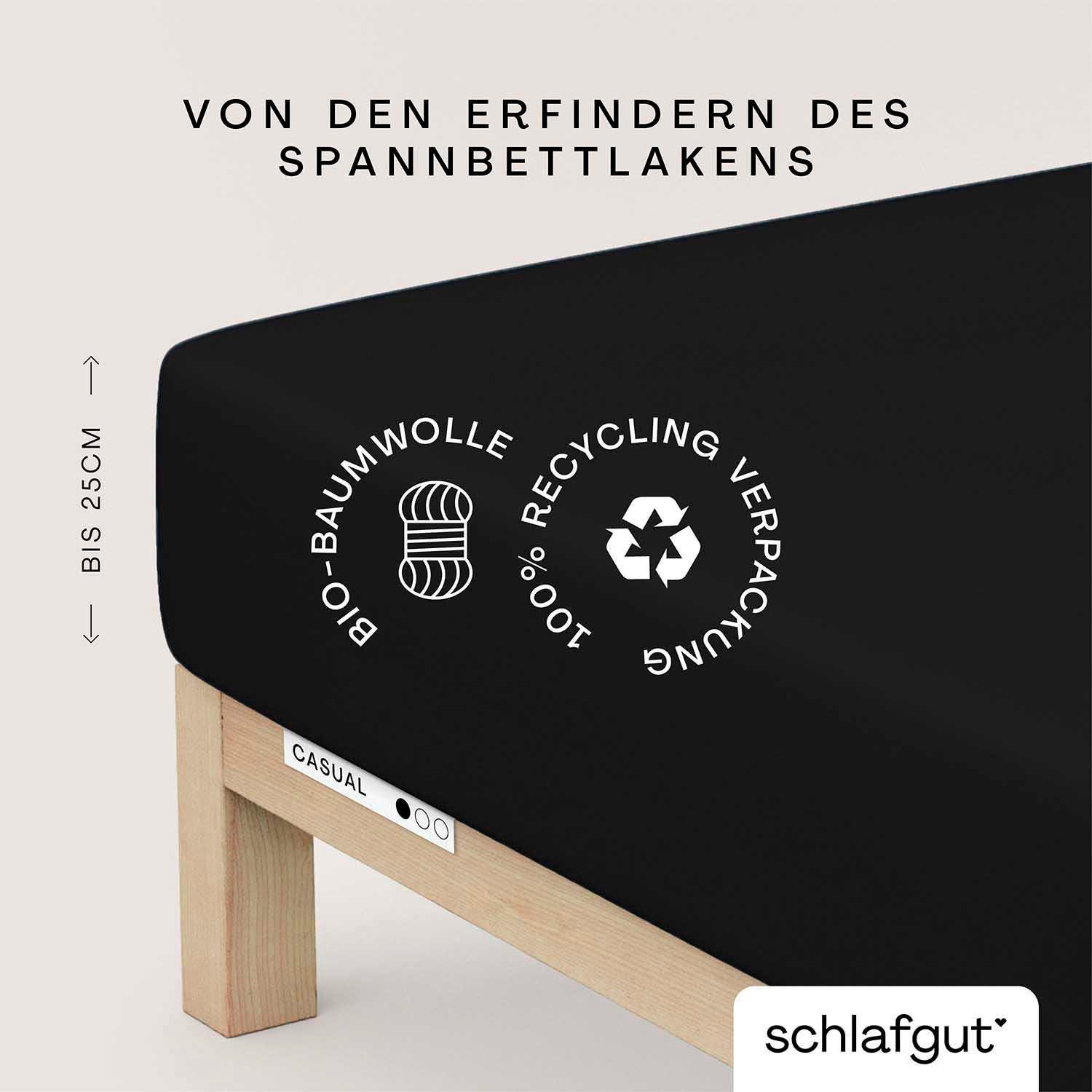 Schlafgut Spannbettlaken CASUAL Bettlaken 100% gekämmte Bio-Baumwolle, 150 g/m², Spannbetttuch, Jersey, Gummizug: rundum, (1 Stück), Bettlaken bis 25 cm Höhe, langlebig, weich, Antipilling-Ausrüstung