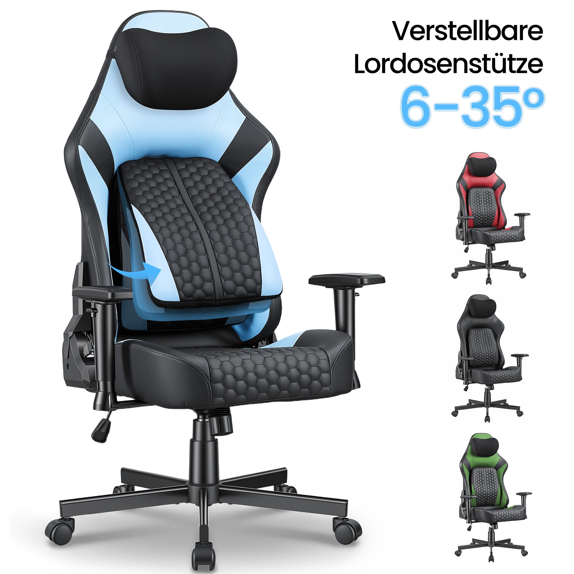 HOMALL Gaming-Stuhl gaming stuhl,mit verstellbarer Lendenstütze 6°-35°, 2D-Armlehnen,Rückenlehne 90°-135° verstellbar,150kg Belastbarkeit