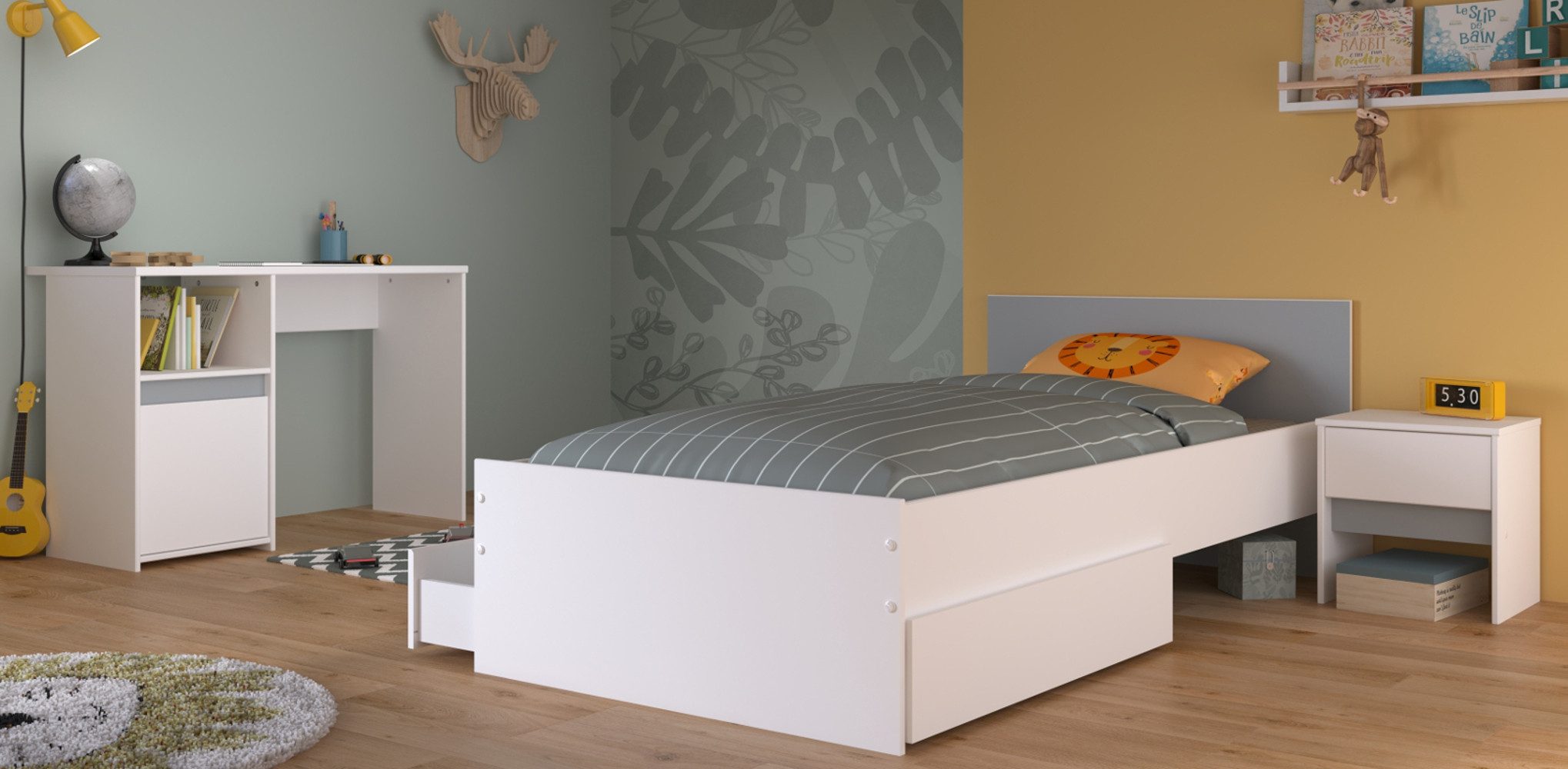 Parisot Jugendzimmer-Set Pirouette, (Kinderzimmer in weiß mit Grau oder Rosa, 3-tlg., Stauraumbett, Nachttisch und Schreibtisch), inklusive 2x Bettschubkasten