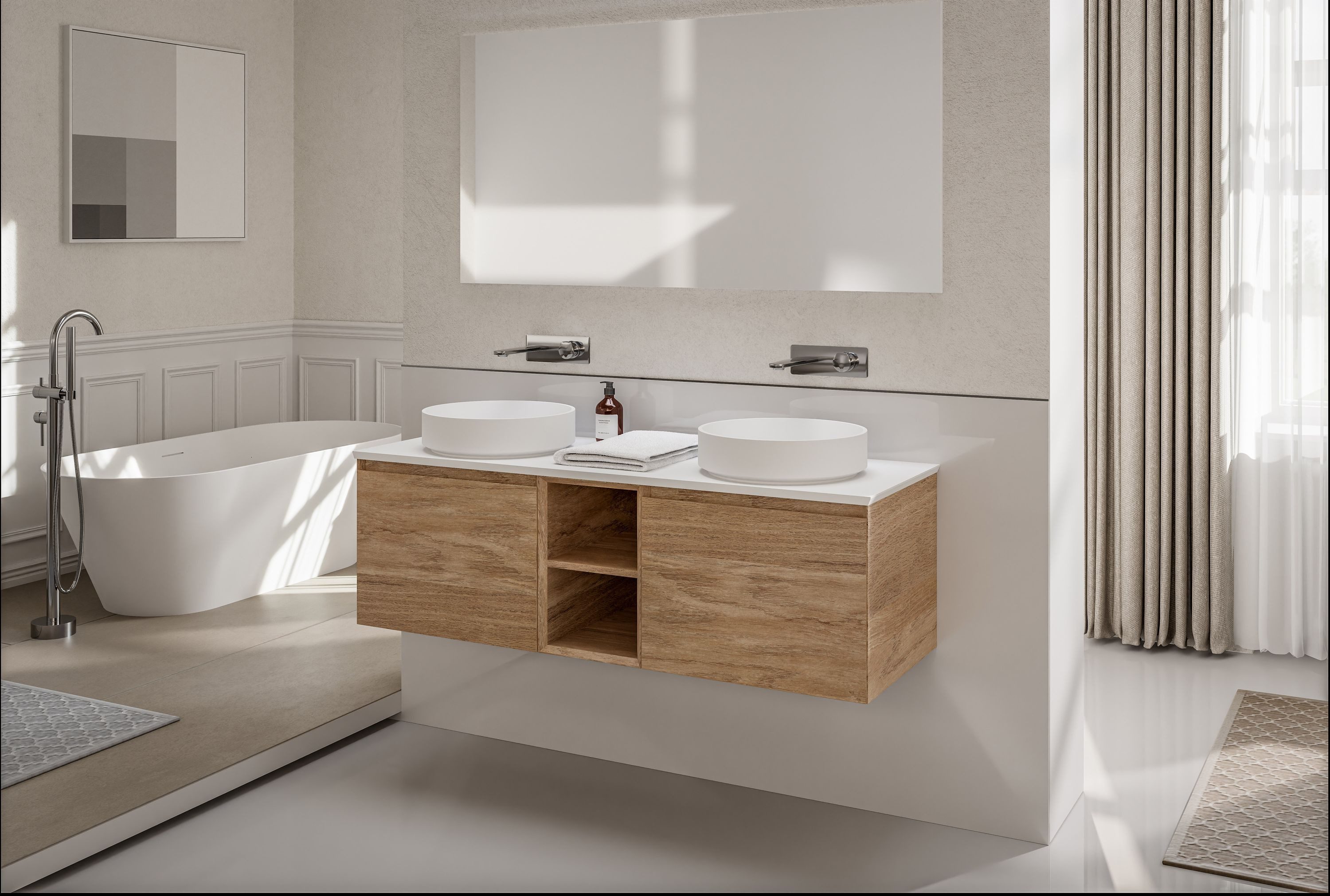 Bernstein Waschbeckenunterschrank INALCO Eiche Natur 150cm Open Storage Waschtischunterschrank Set mit Mineralguss Platte offenes Fach