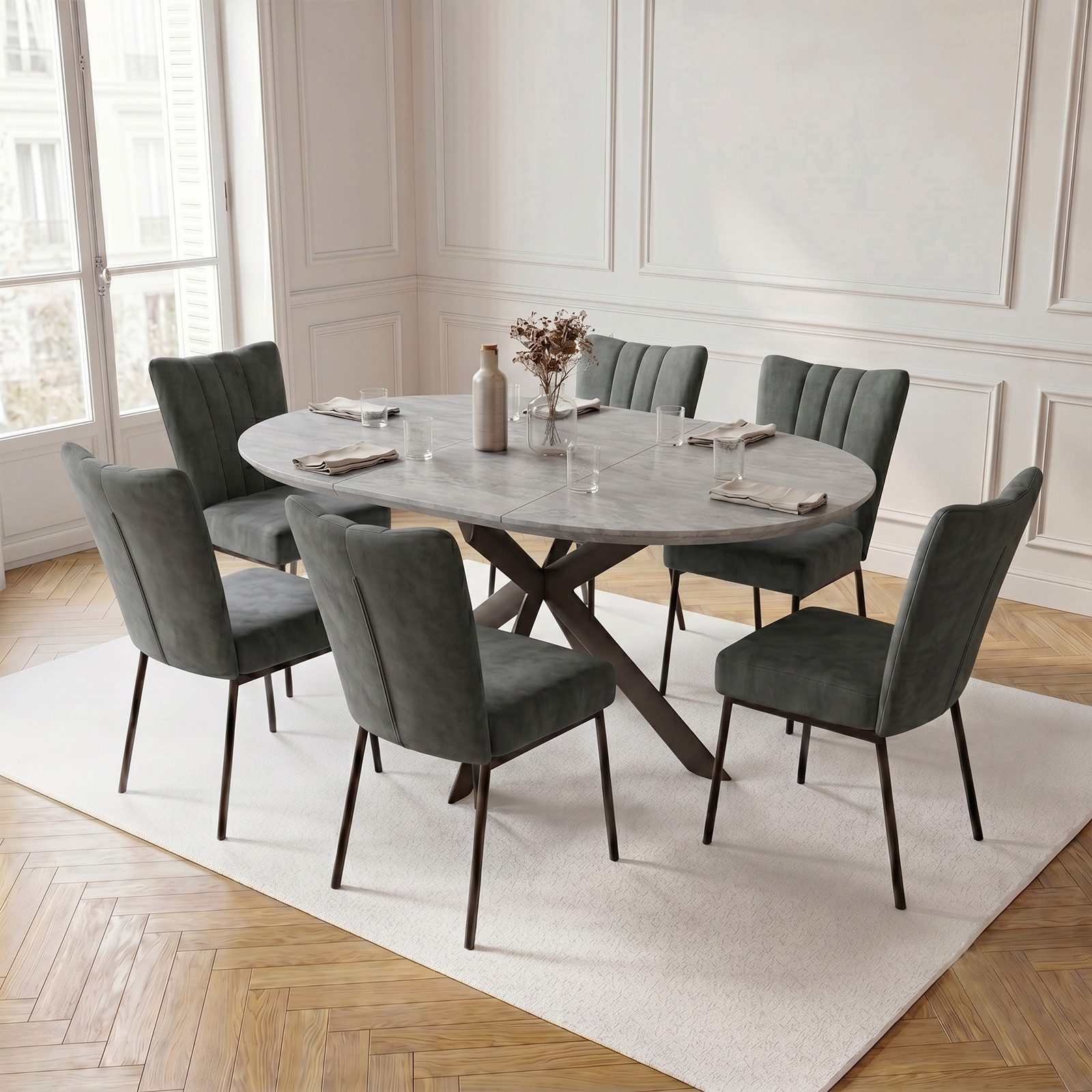 Jiexi Essgruppe Esstisch ausziehbar rund bis oval MDF-Platte mit Samtstühlen
