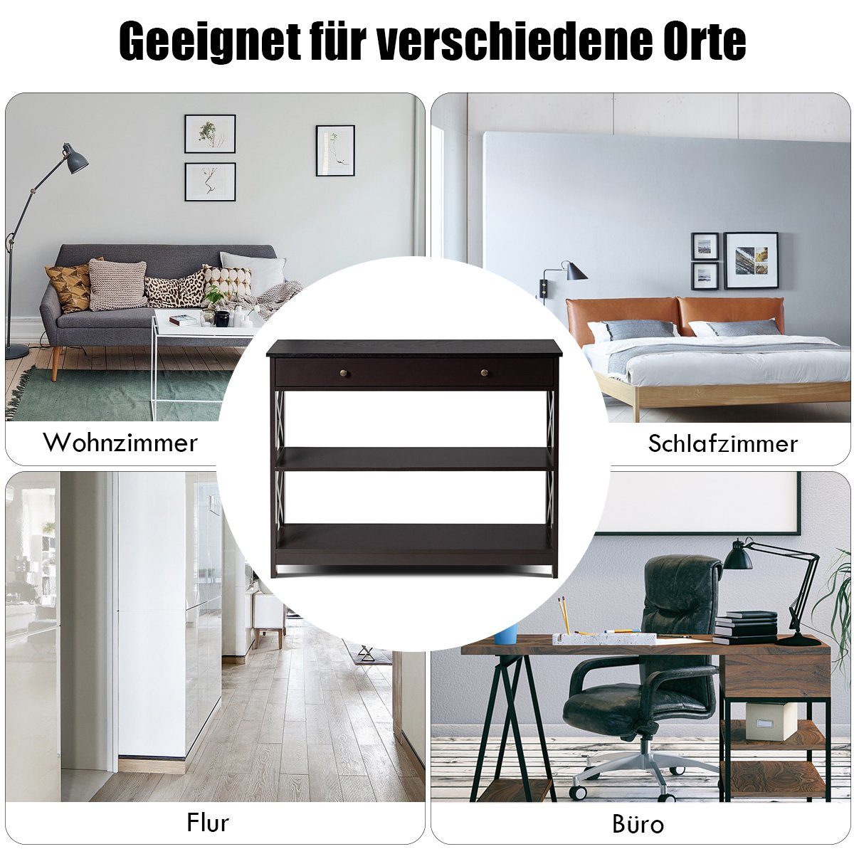 Holz, mit 3 cm COSTWAY Braun Konsolentisch, Ebenen x x 30 80 100 Schublade,